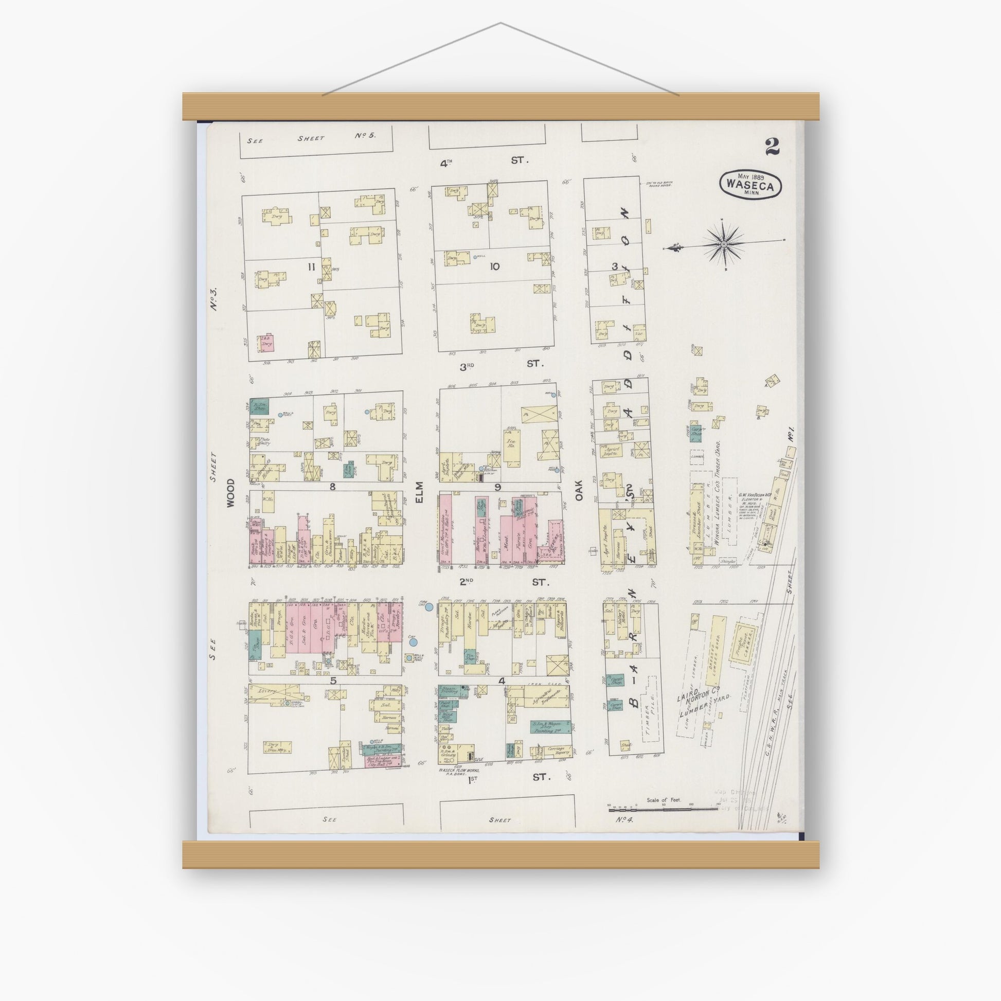 Old map wall art mockup — magnetic wood frame on white wall — Sanborn Fire Insurance Map from Waseca, Waseca County, Minnesota (1889), Sheet #0002
