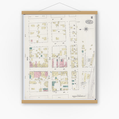 Old map wall art mockup — magnetic wood frame on white wall — Sanborn Fire Insurance Map from Waseca, Waseca County, Minnesota (1889), Sheet #0002