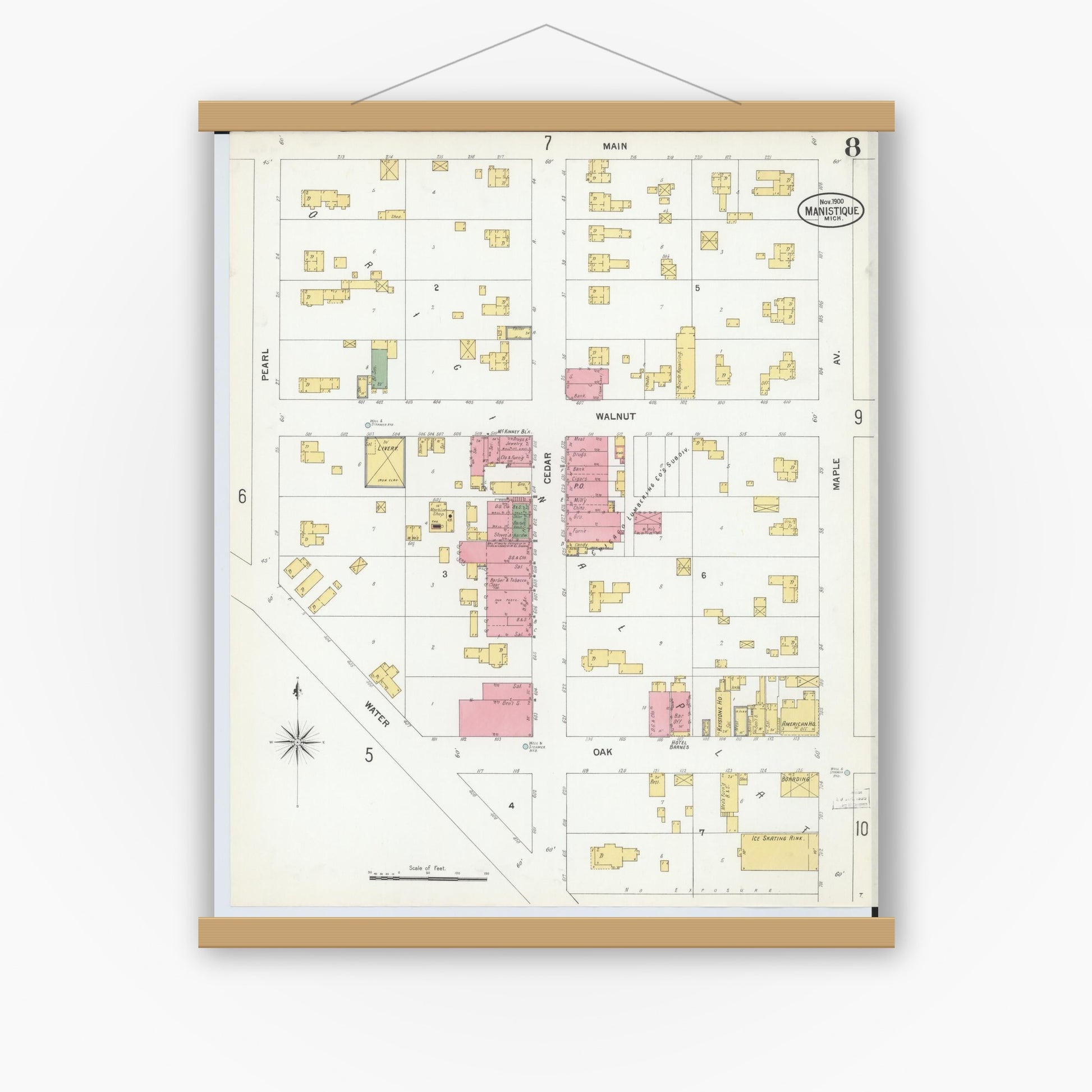 Old map wall art mockup — magnetic wood frame on white wall — Sanborn Fire Insurance Map from Manistique, Schoolcraft County, Michigan (1900), Sheet #0008