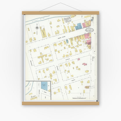 Old map wall art mockup — magnetic wood frame on white wall — Sanborn Fire Insurance Map from Williamston, Ingham County, Michigan (1910), Sheet #0002