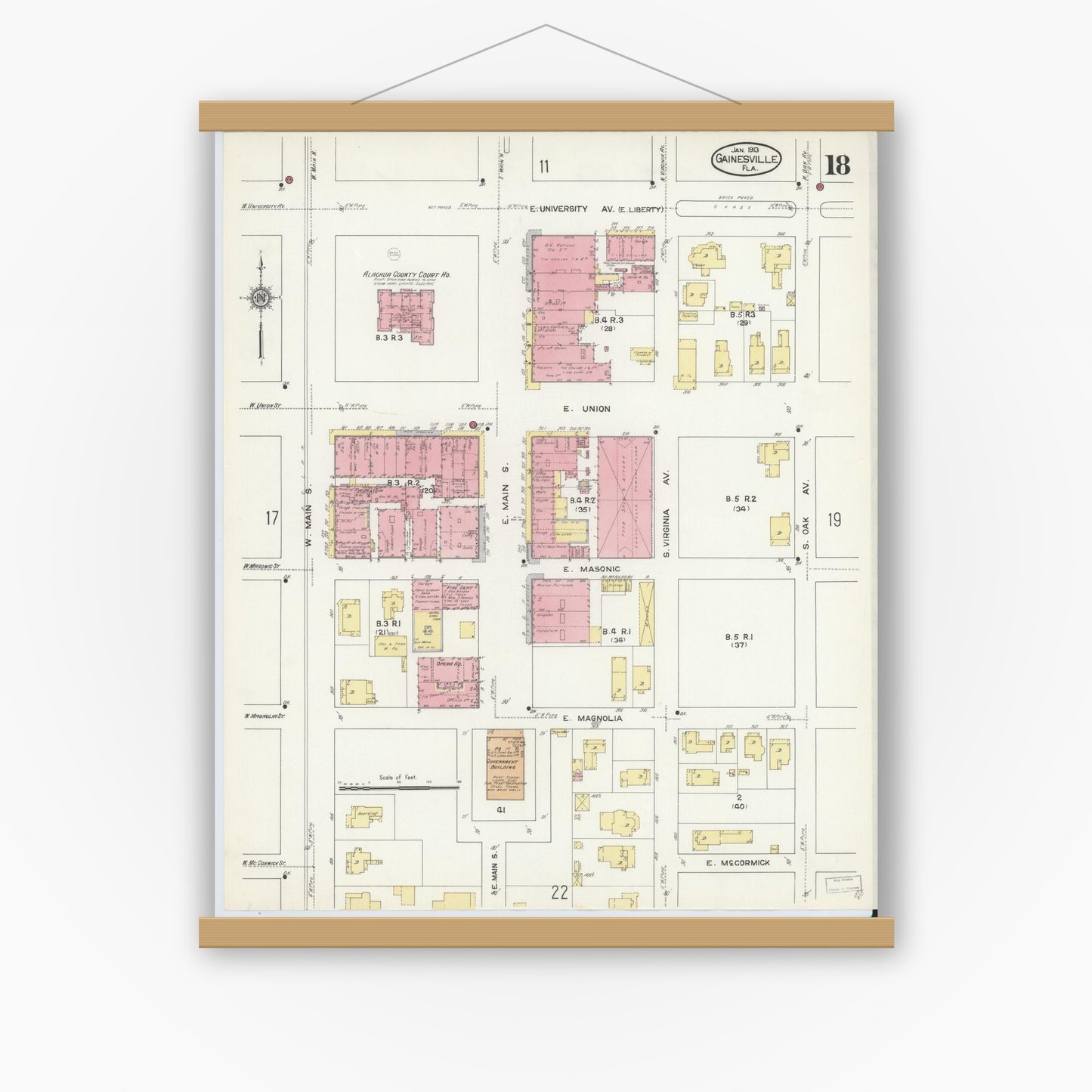 Old map wall art mockup — magnetic wood frame on white wall — Sanborn Fire Insurance Map from Gainesville, Alachua County, Florida (1913), Sheet #0018