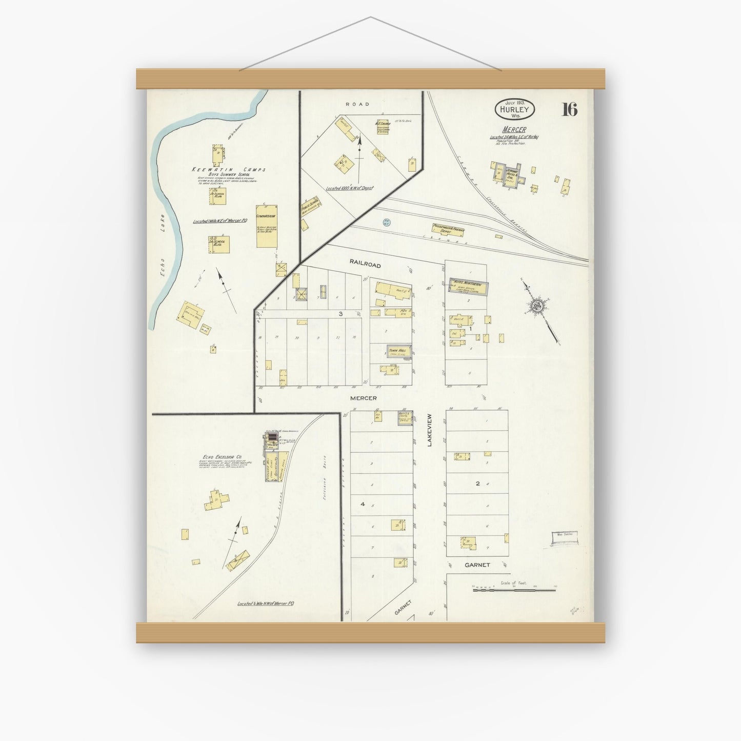 Old map wall art mockup — magnetic wood frame on white wall — Sanborn Fire Insurance Map from Hurley, Iron County, Wisconsin (1913), Sheet #0016