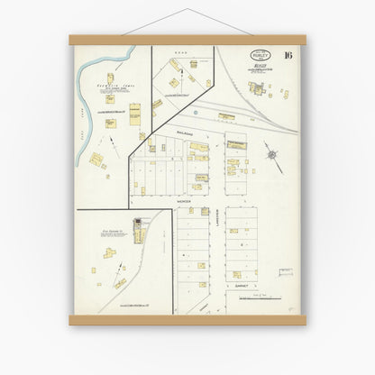 Old map wall art mockup — magnetic wood frame on white wall — Sanborn Fire Insurance Map from Hurley, Iron County, Wisconsin (1913), Sheet #0016
