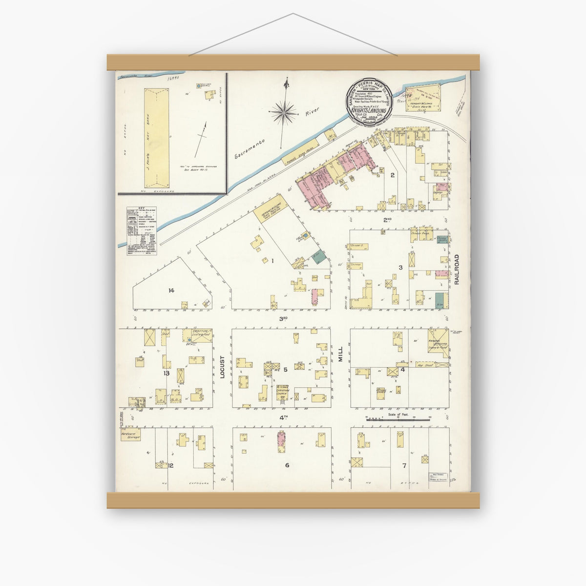 Old map wall art mockup — magnetic wood frame on white wall — Sanborn Fire Insurance Map from Knights Landing, Yolo County, California (1894), Sheet #0001