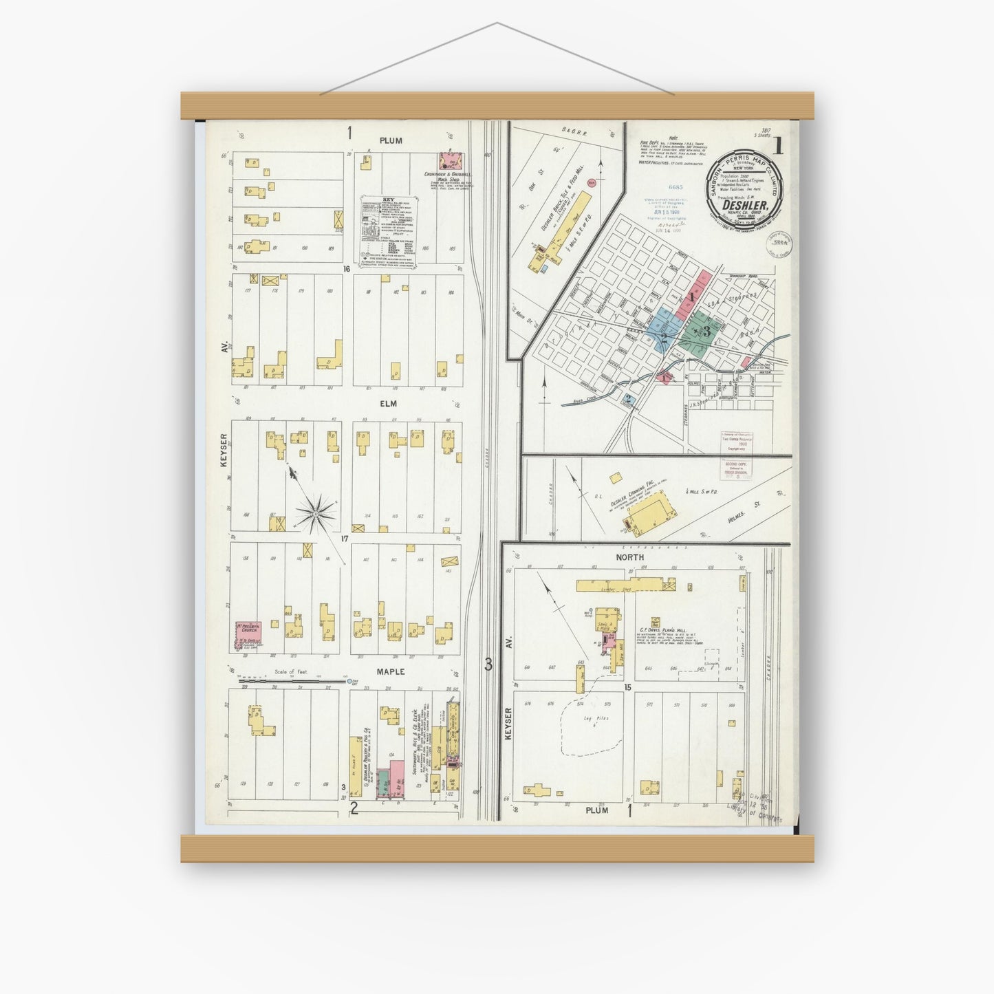 Old map wall art mockup — magnetic wood frame on white wall — Sanborn Fire Insurance Map from Deshler, Henry County, Ohio (1900), Sheet #0001