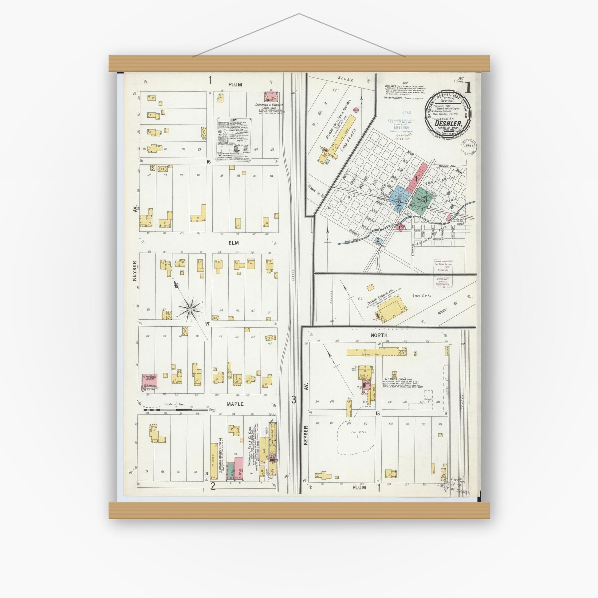 Old map wall art mockup — magnetic wood frame on white wall — Sanborn Fire Insurance Map from Deshler, Henry County, Ohio (1900), Sheet #0001