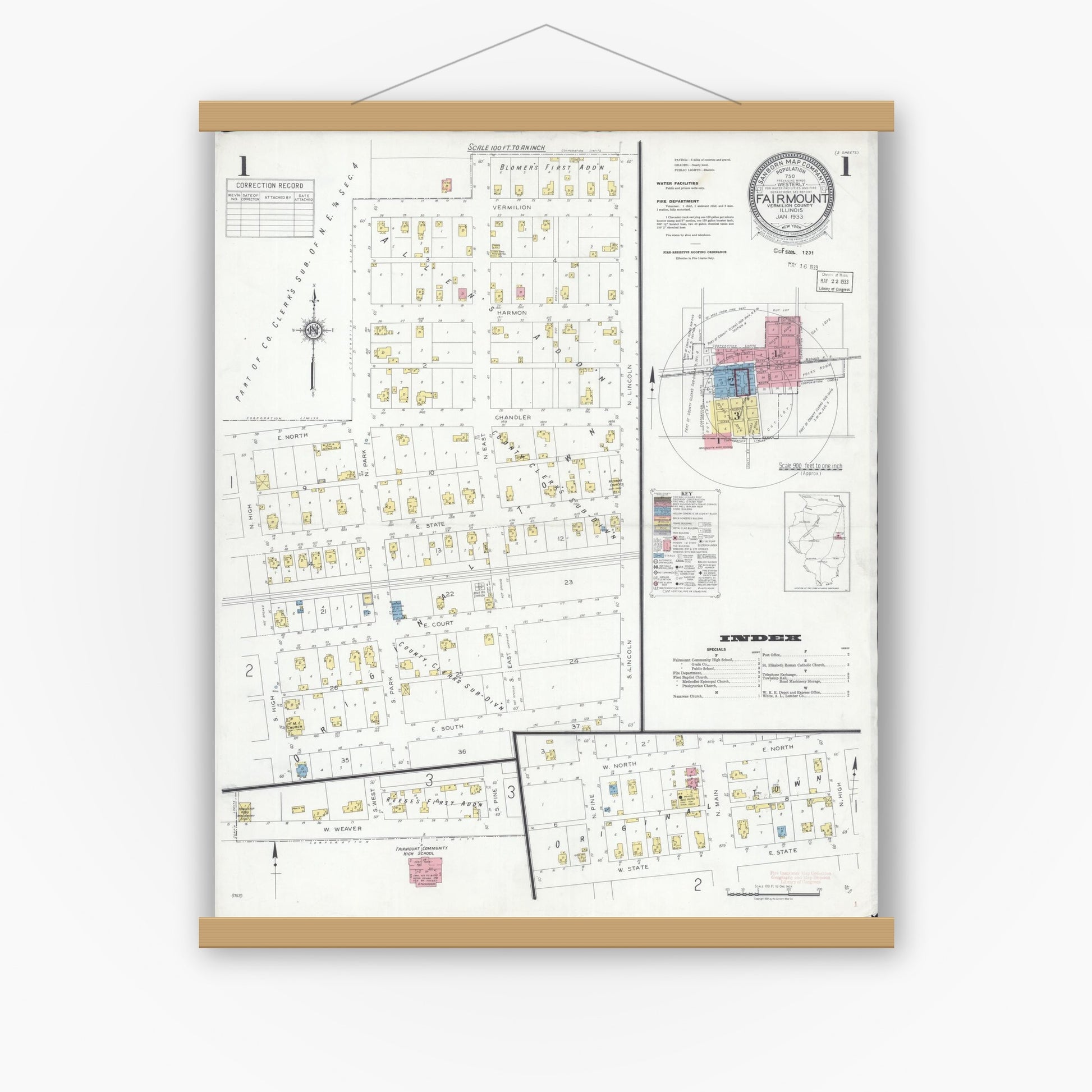 Old map wall art mockup — magnetic wood frame on white wall — Sanborn Fire Insurance Map from Fairmount, Vermilion County, Illinois (1933) - Complete Map Set