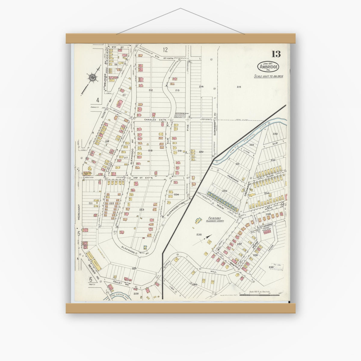 Old map wall art mockup — magnetic wood frame on white wall — Sanborn Fire Insurance Map from Ambridge, Beaver County, Pennsylvania (1917), Sheet #0013