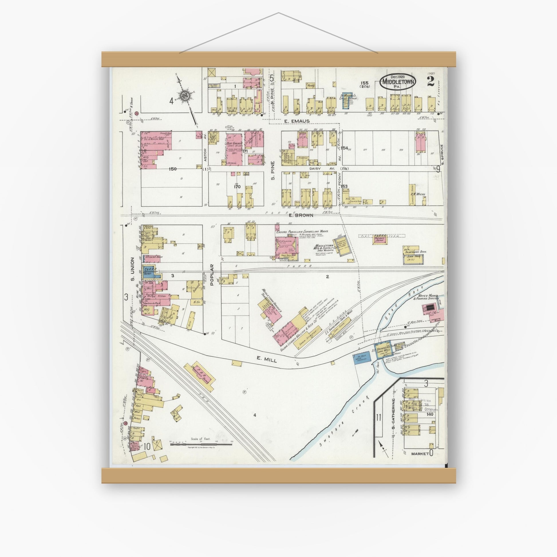 Old map wall art mockup — magnetic wood frame on white wall — Sanborn Fire Insurance Map from Middletown, Dauphin County, Pennsylvania (1920), Sheet #0002