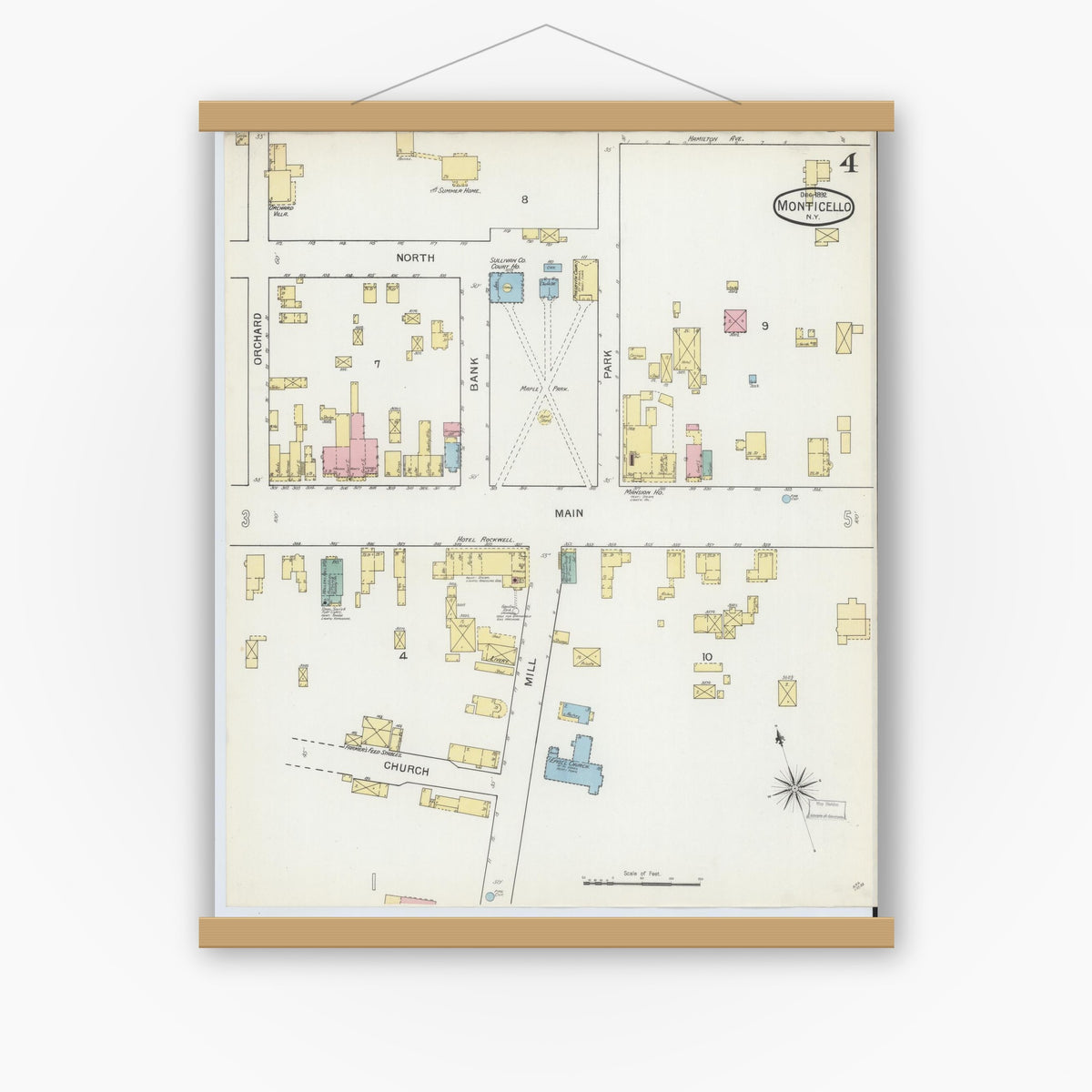Old map wall art mockup — magnetic wood frame on white wall — Sanborn Fire Insurance Map from Monticello, Sullivan County, New York (1892), Sheet #0004