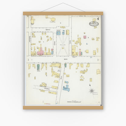 Old map wall art mockup — magnetic wood frame on white wall — Sanborn Fire Insurance Map from Monticello, Sullivan County, New York (1892), Sheet #0004