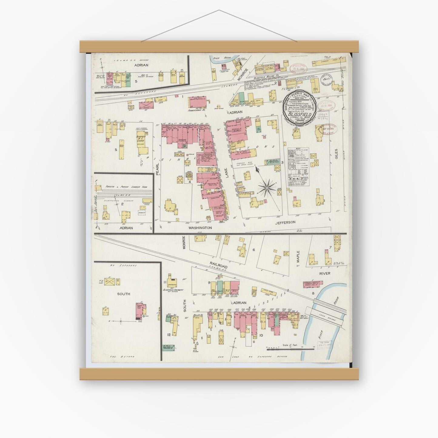 Old map wall art mockup — magnetic wood frame on white wall — Sanborn Fire Insurance Map from Blissfield, Lenawee County, Michigan (1899), Sheet #0001
