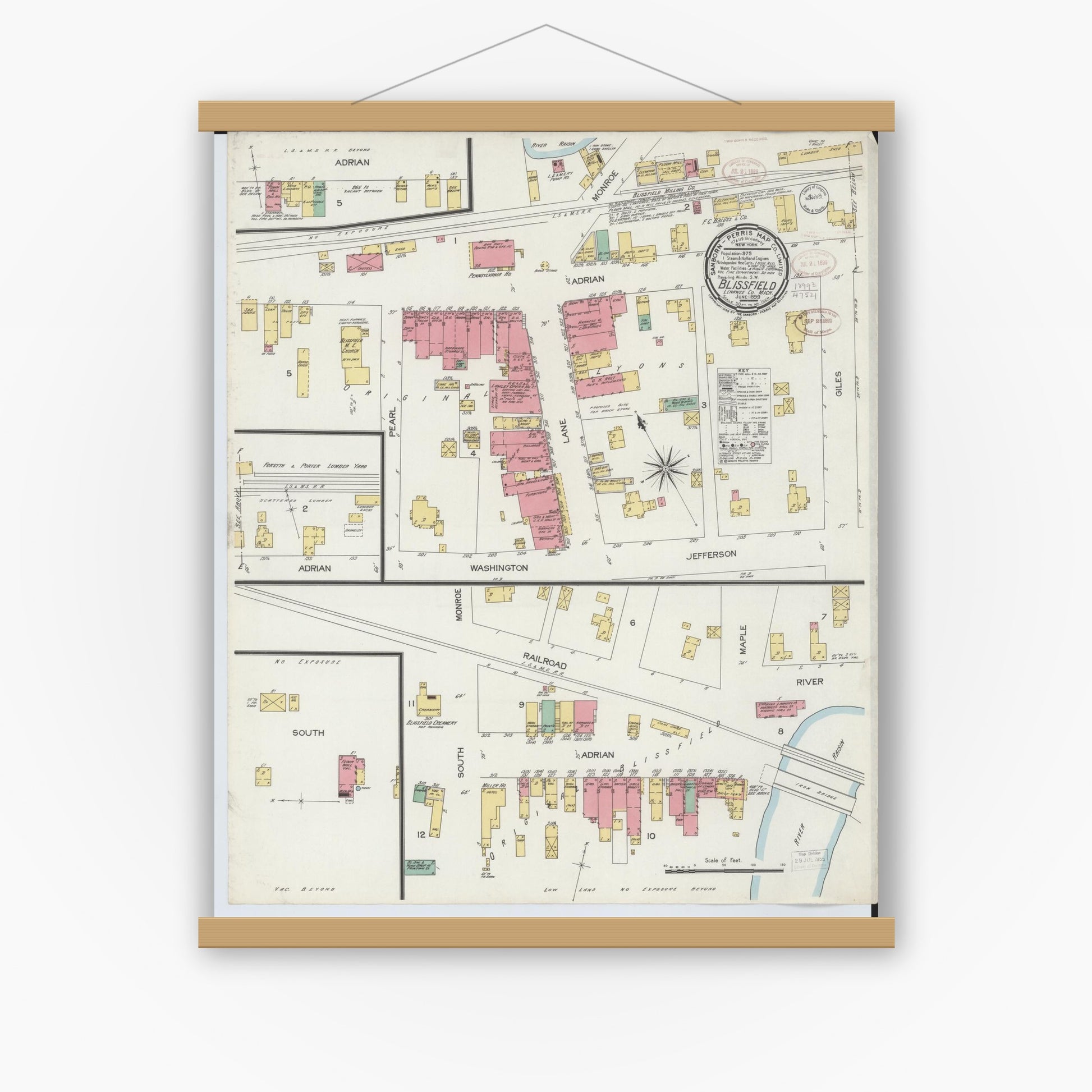 Old map wall art mockup — magnetic wood frame on white wall — Sanborn Fire Insurance Map from Blissfield, Lenawee County, Michigan (1899), Sheet #0001
