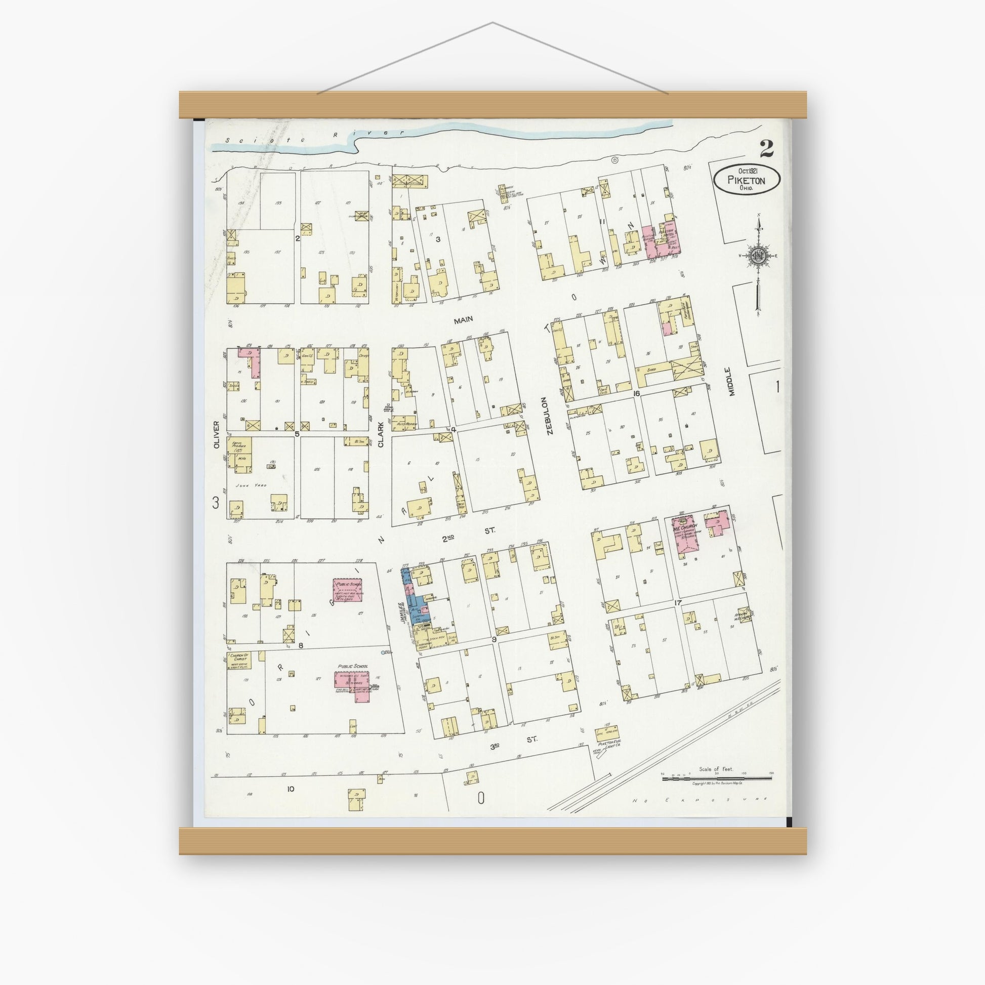 Old map wall art mockup — magnetic wood frame on white wall — Sanborn Fire Insurance Map from Piketon, Pike County, Ohio (1921), Sheet #0002