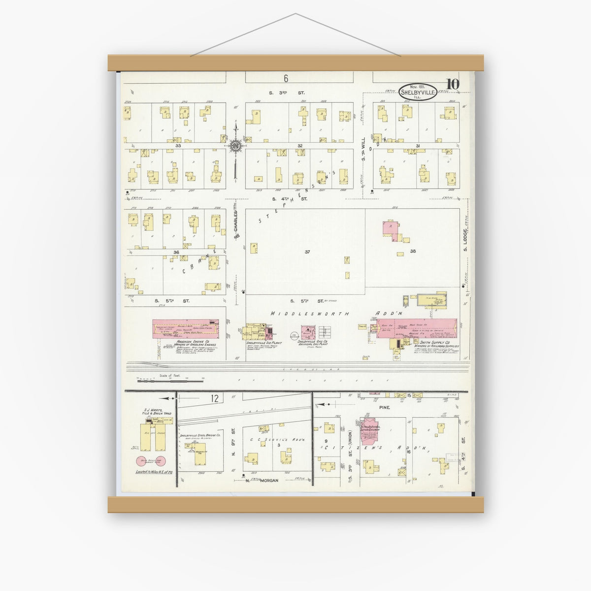 Old map wall art mockup — magnetic wood frame on white wall — Sanborn Fire Insurance Map from Shelbyville, Shelby County, Illinois (1911), Sheet #0010