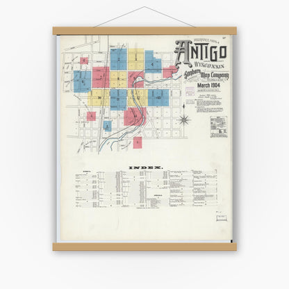 Old map wall art mockup — magnetic wood frame on white wall — Sanborn Fire Insurance Map from Antigo, Langlade County, Wisconsin (1904) - Complete Map Set