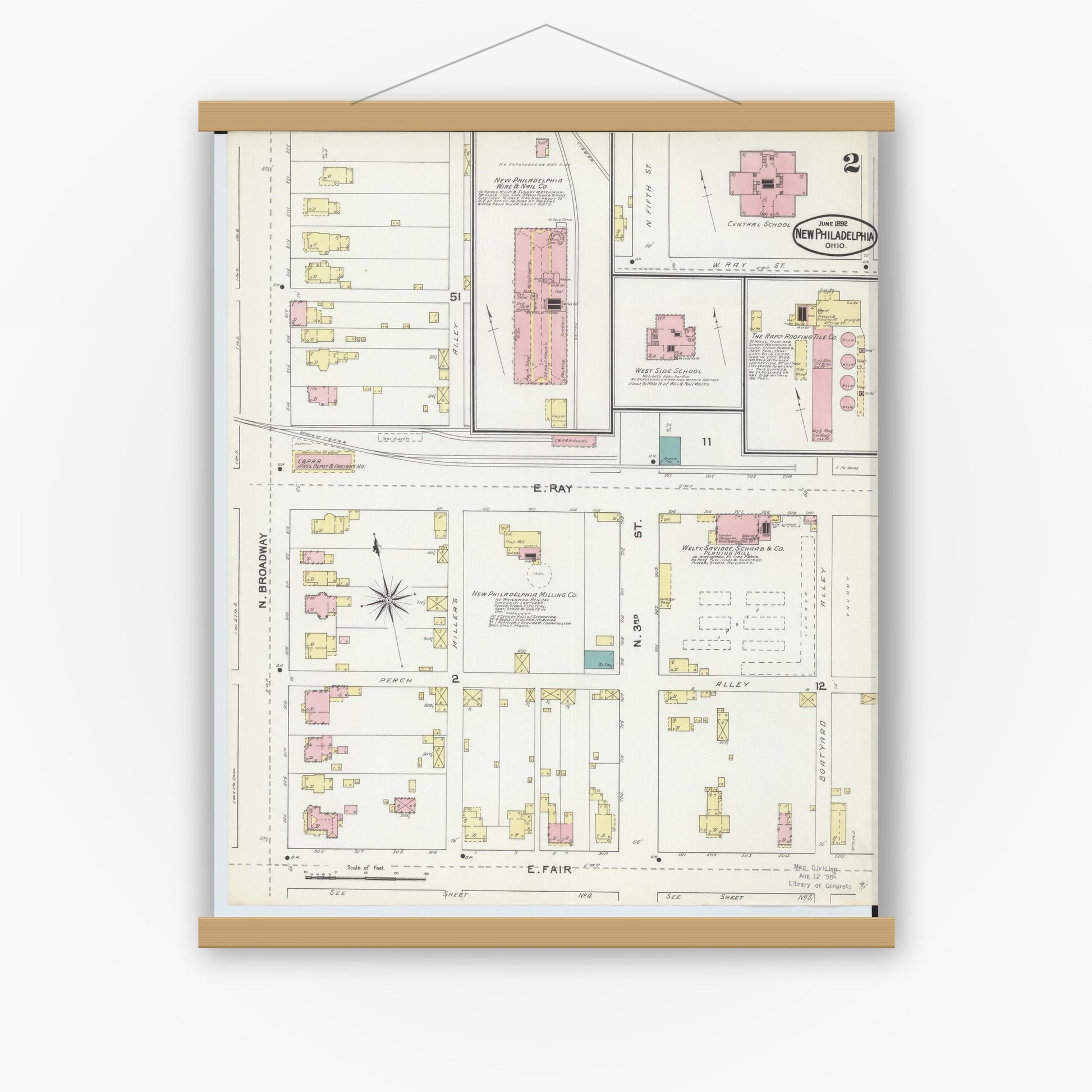 Old map wall art mockup — magnetic wood frame on white wall — Sanborn Fire Insurance Map from New Philadelphia, Tuscarawas County, Ohio (1892), Sheet #0002