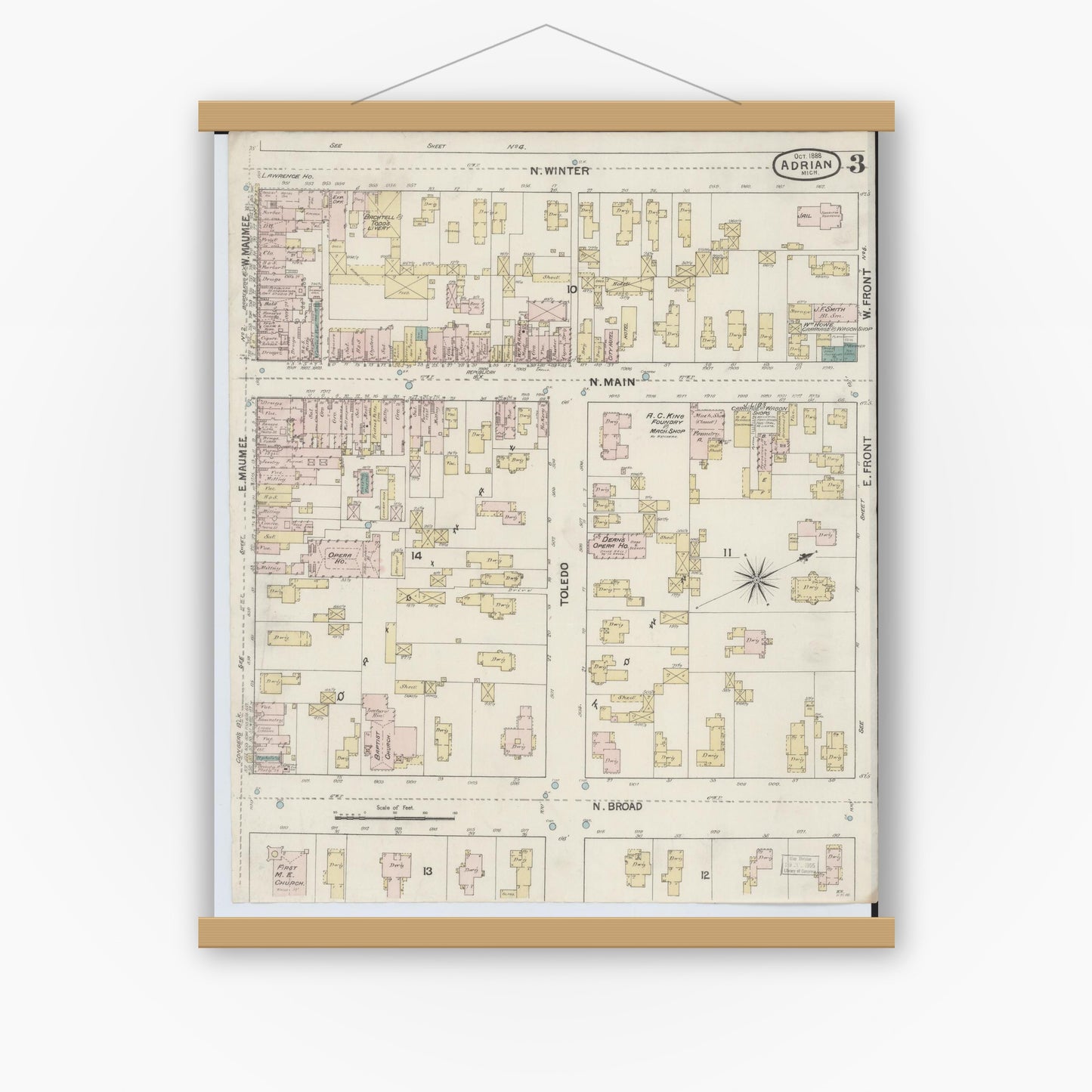 Old map wall art mockup — magnetic wood frame on white wall — Sanborn Fire Insurance Map from Adrian, Lenawee County, Michigan (1888), Sheet #0003