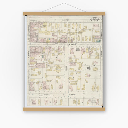 Old map wall art mockup — magnetic wood frame on white wall — Sanborn Fire Insurance Map from Adrian, Lenawee County, Michigan (1888), Sheet #0003