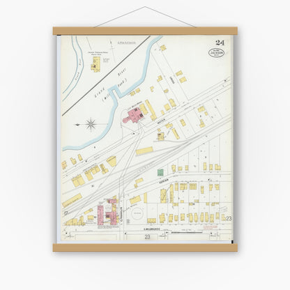 Old map wall art mockup — magnetic wood frame on white wall — Sanborn Fire Insurance Map from Jackson, Jackson County, Michigan (1899), Sheet #0024