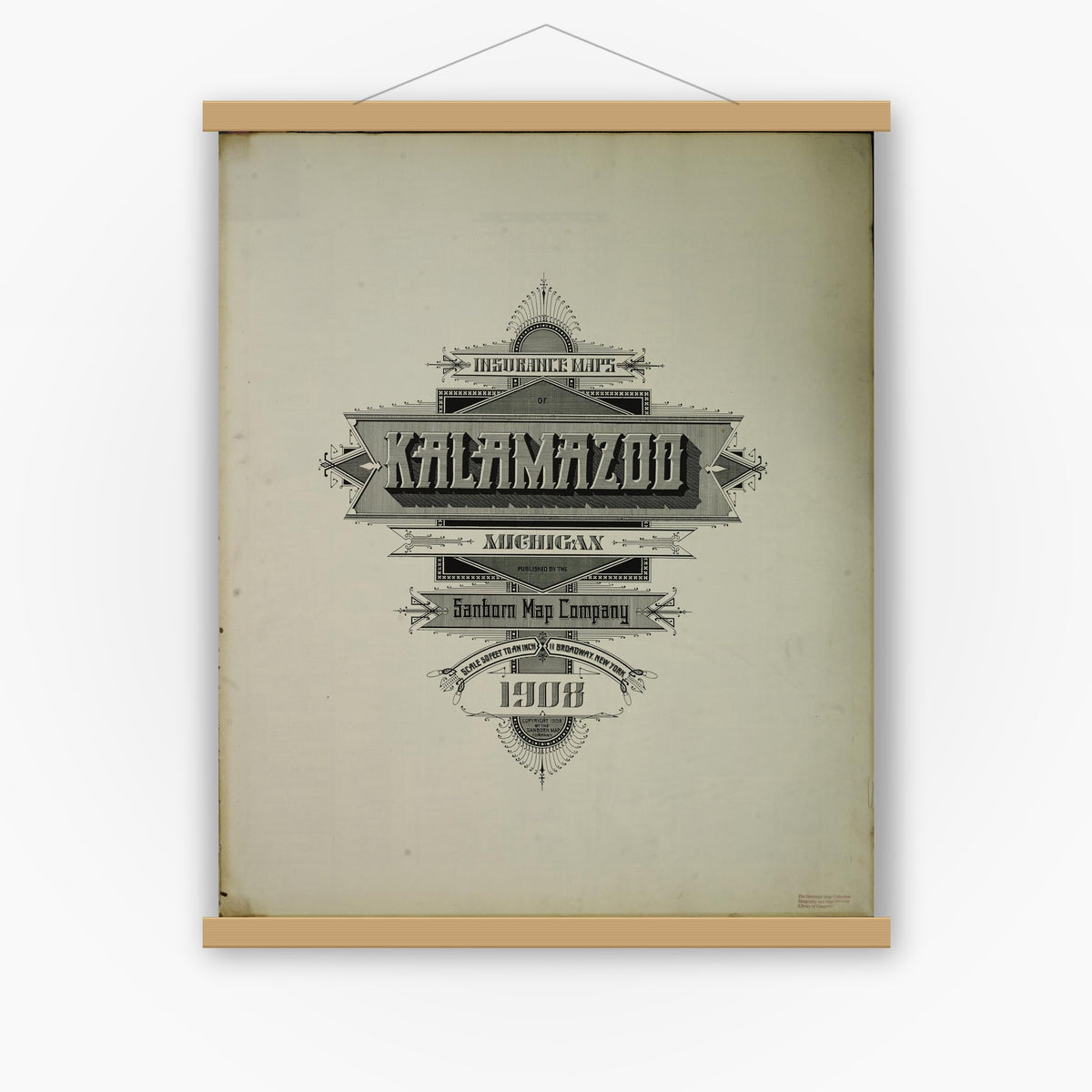 Old map wall art mockup — magnetic wood frame on white wall — Sanborn Fire Insurance Map from Kalamazoo, Kalamazoo County, Michigan (1908), Sheet #0001