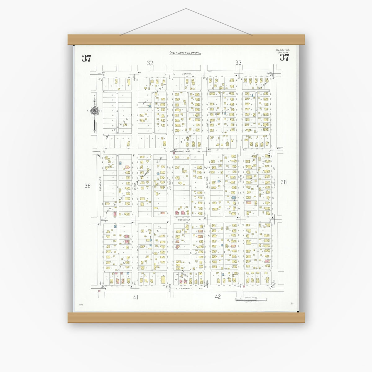 Old map wall art mockup — magnetic wood frame on white wall — Sanborn Fire Insurance Map from Beloit, Rock County, Wisconsin (1939), Sheet #0037