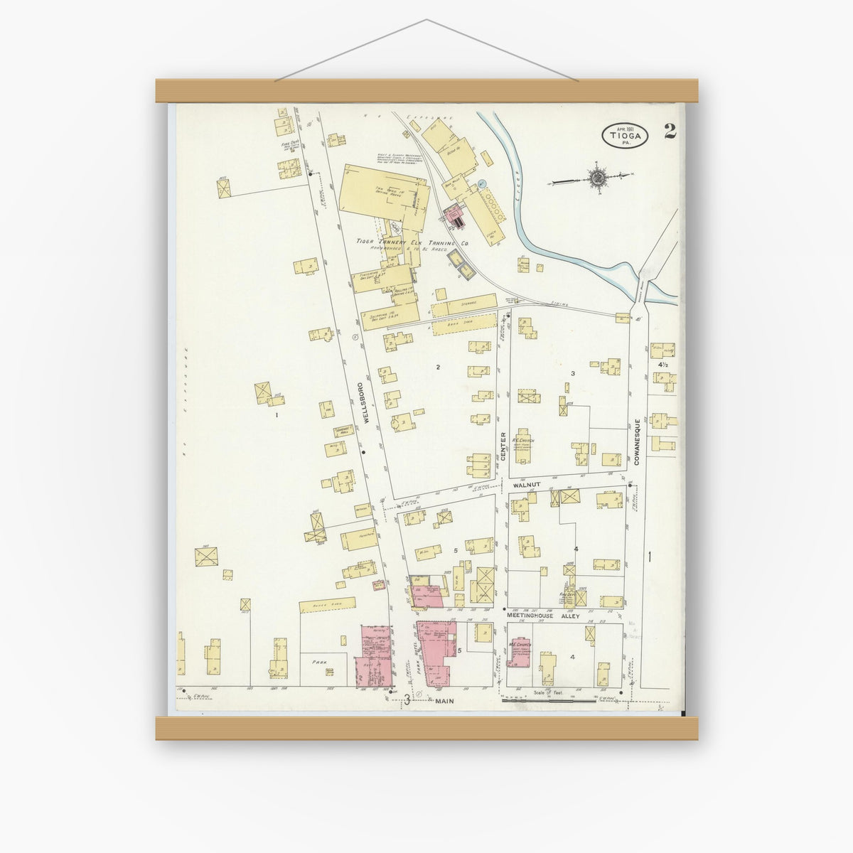 Old map wall art mockup — magnetic wood frame on white wall — Sanborn Fire Insurance Map from Tioga, Tioga County, Pennsylvania (1911), Sheet #0002