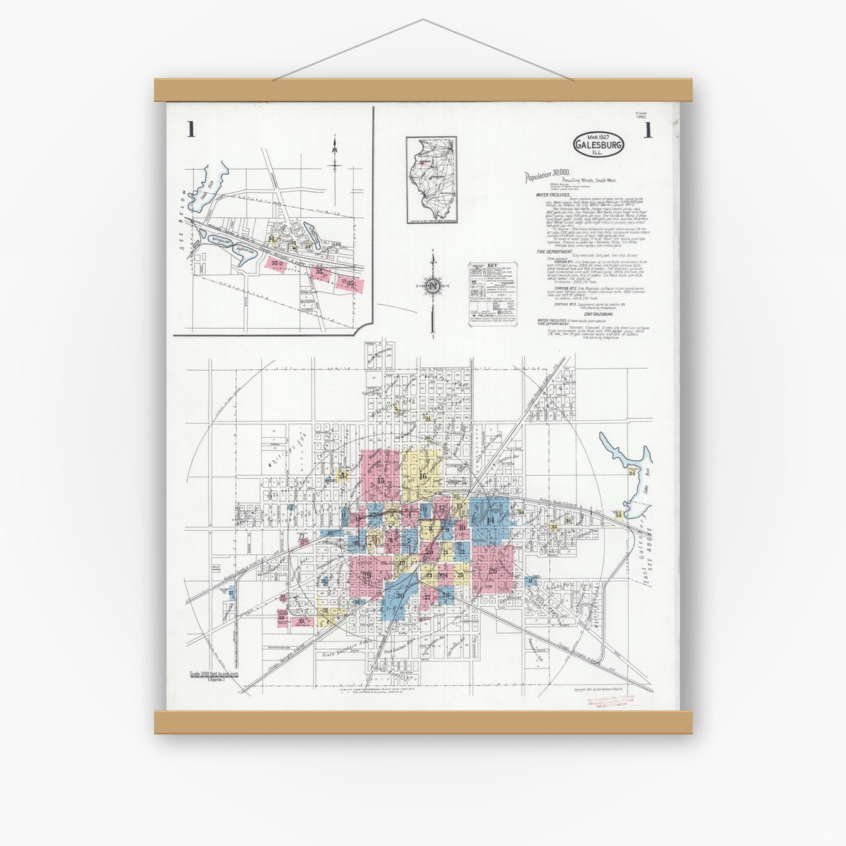 Old map wall art mockup — magnetic wood frame on white wall — Sanborn Fire Insurance Map from Galesburg, Knox County, Illinois (1927) - Complete Map Set