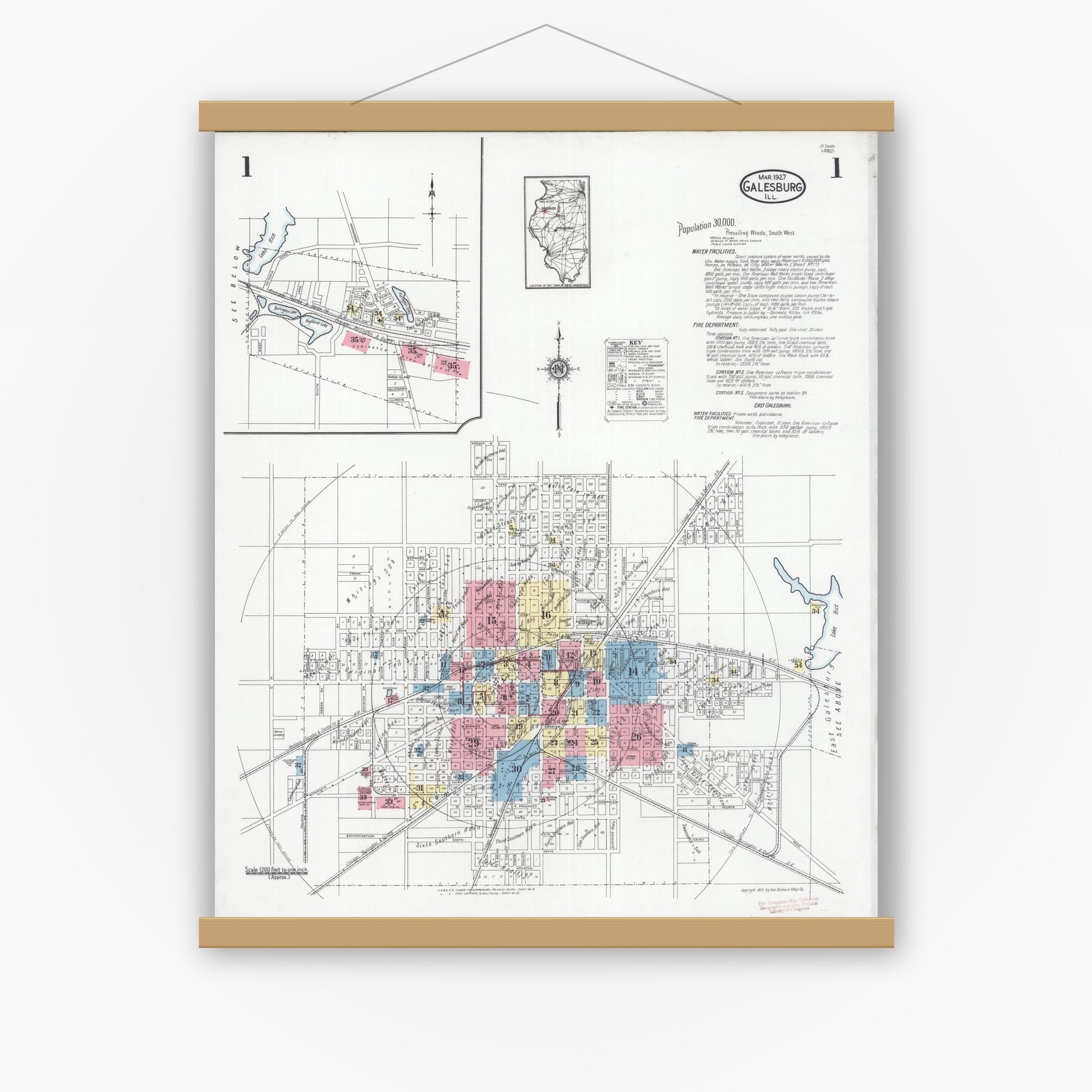 Old map wall art mockup — magnetic wood frame on white wall — Sanborn Fire Insurance Map from Galesburg, Knox County, Illinois (1927) - Complete Map Set