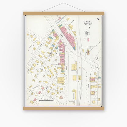 Old map wall art mockup — magnetic wood frame on white wall — Sanborn Fire Insurance Map from Warren, Jo Daviess County, Illinois (1904), Sheet #0002