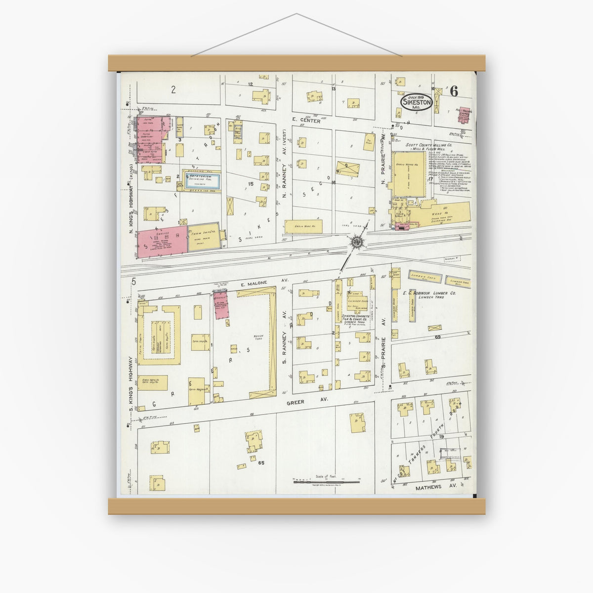 Old map wall art mockup — magnetic wood frame on white wall — Sanborn Fire Insurance Map from Sikeston, Scott County, Missouri (1919), Sheet #0006
