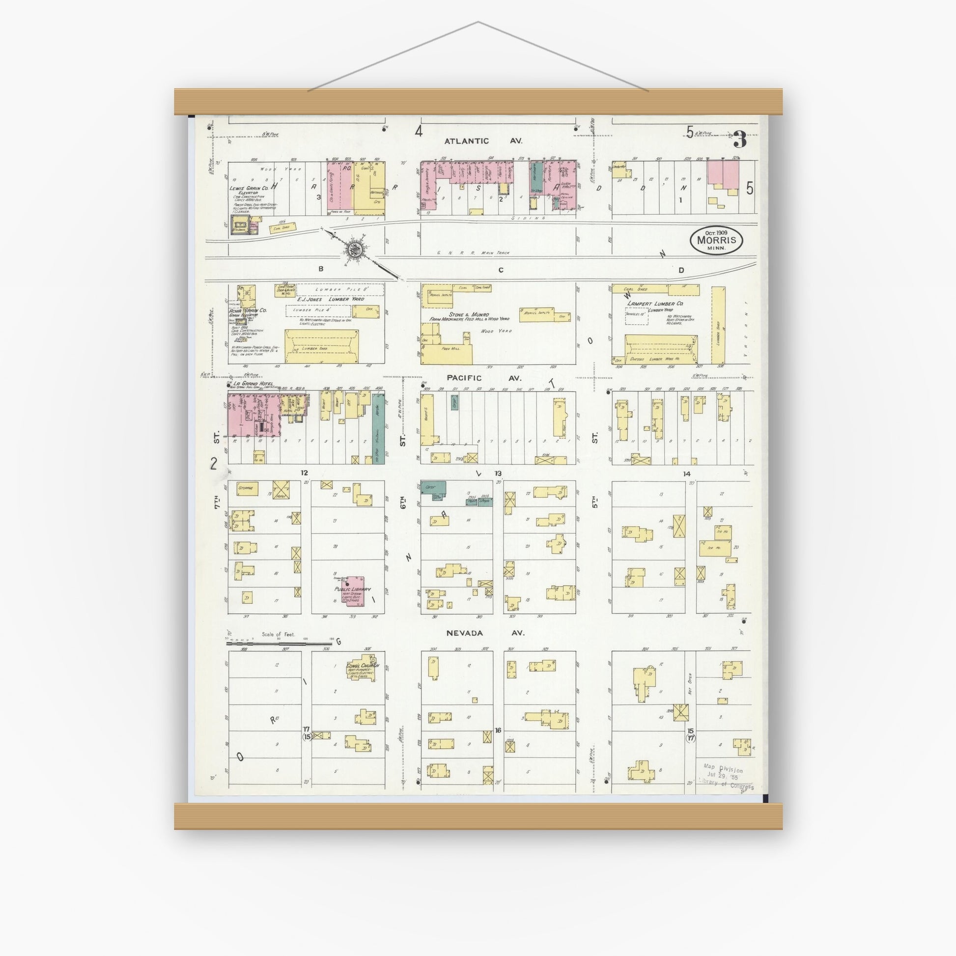 Old map wall art mockup — magnetic wood frame on white wall — Sanborn Fire Insurance Map from Morris, Stevens County, Minnesota (1909), Sheet #0003