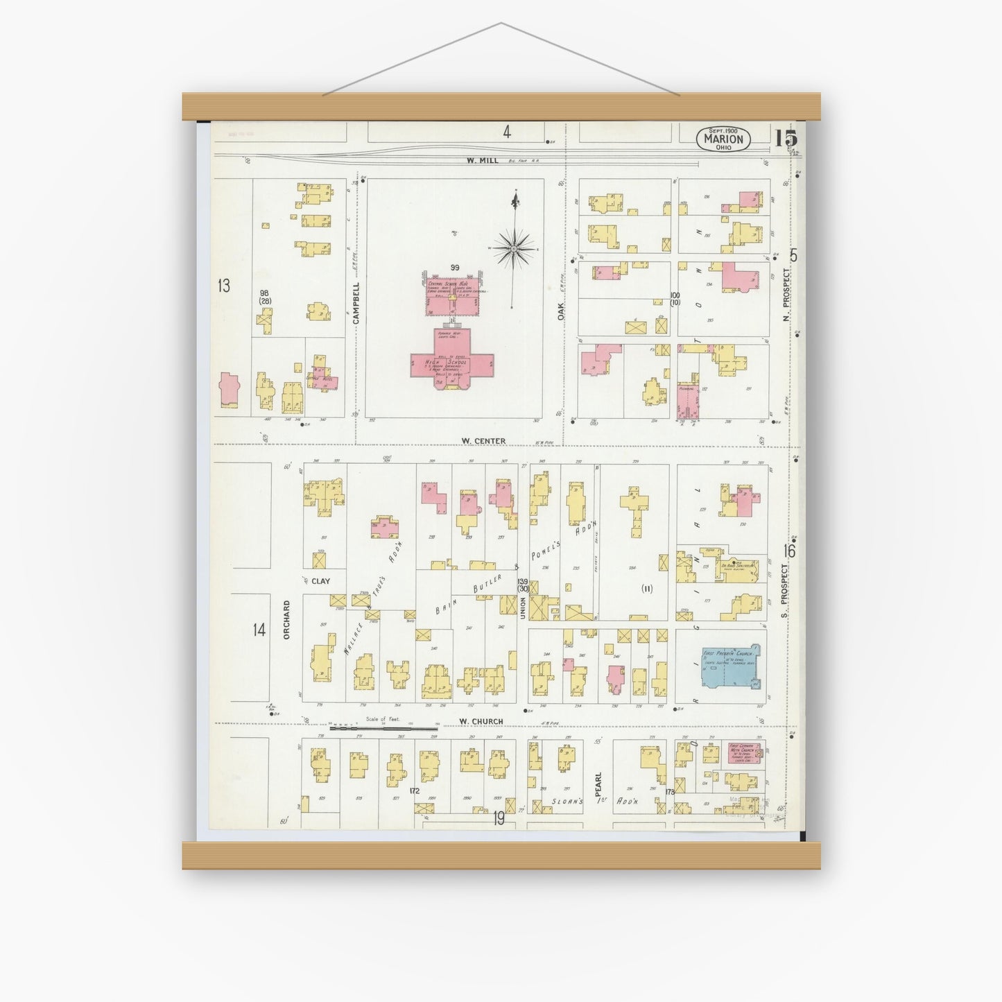 Old map wall art mockup — magnetic wood frame on white wall — Sanborn Fire Insurance Map from Marion, Marion County, Ohio (1900), Sheet #0015