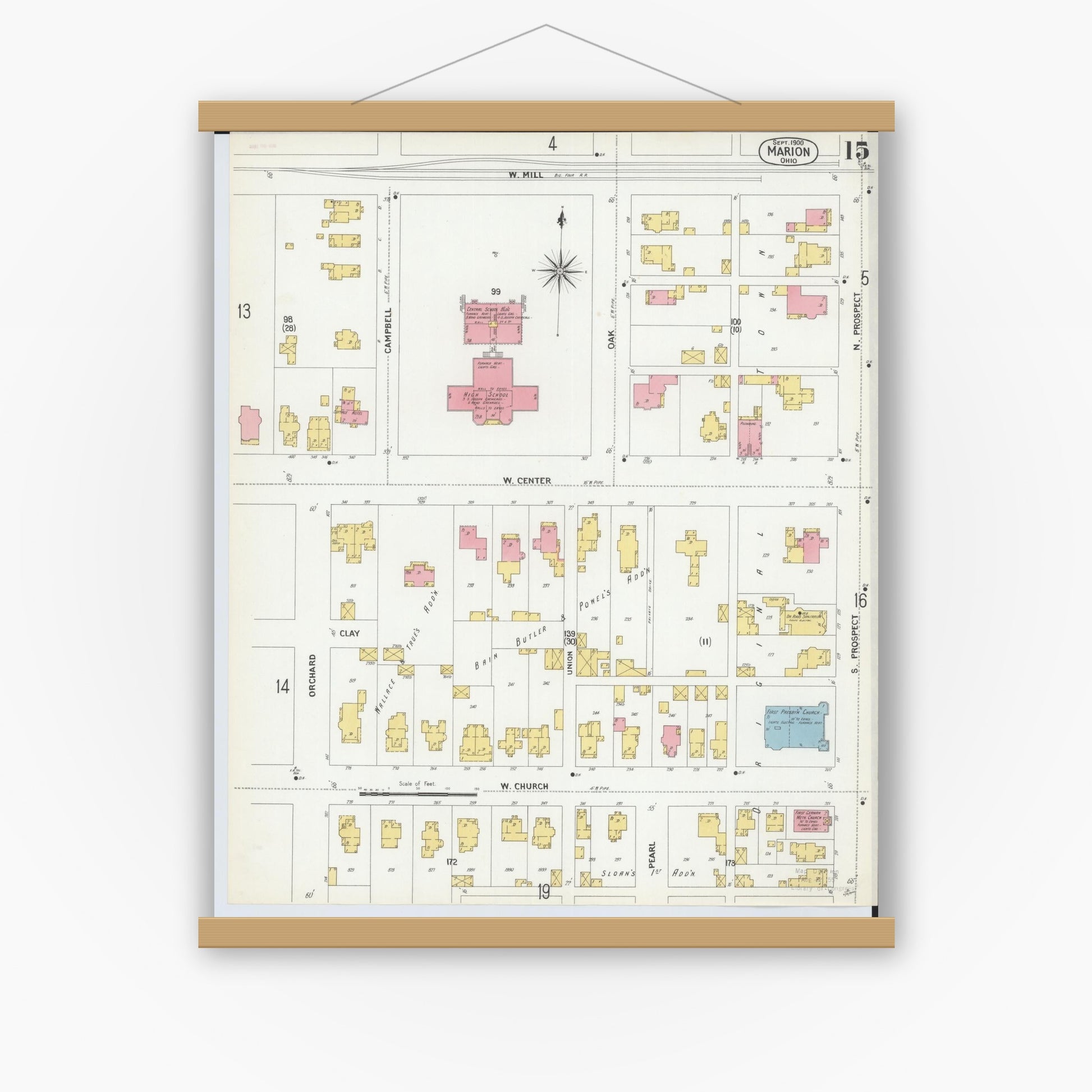 Old map wall art mockup — magnetic wood frame on white wall — Sanborn Fire Insurance Map from Marion, Marion County, Ohio (1900), Sheet #0015