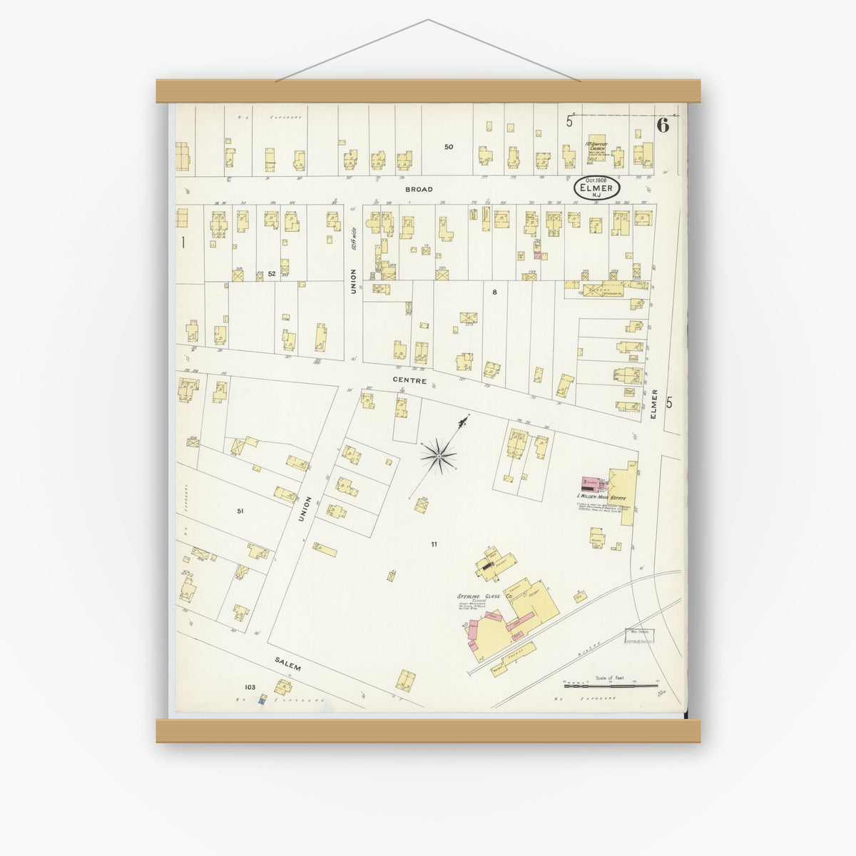 Old map wall art mockup — magnetic wood frame on white wall — Sanborn Fire Insurance Map from Elmer, Salem County, New Jersey (1908), Sheet #0006