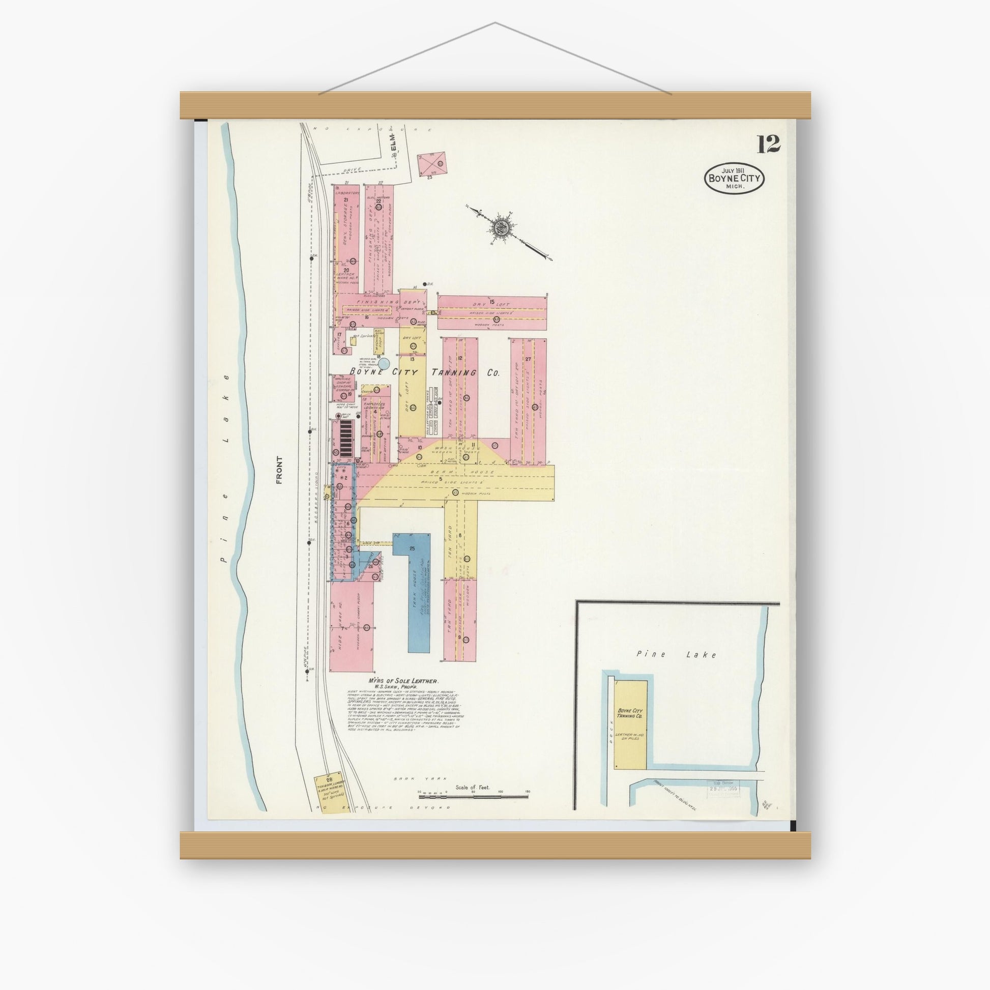 Old map wall art mockup — magnetic wood frame on white wall — Sanborn Fire Insurance Map from Boyne City, Charlevoix County, Michigan (1911), Sheet #0012