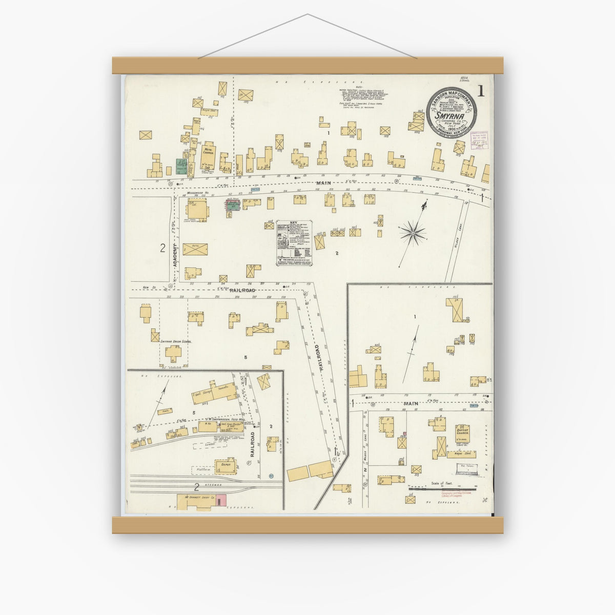 Old map wall art mockup — magnetic wood frame on white wall — Sanborn Fire Insurance Map from Smyrna, Chenango County, New York (1906) - Complete Map Set