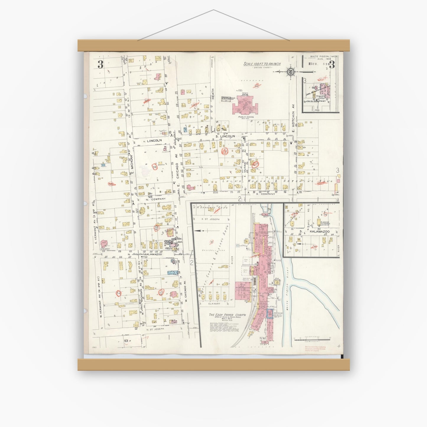 Old map wall art mockup — magnetic wood frame on white wall — Sanborn Fire Insurance Map from White Pigeon, Saint Joseph County, Michigan (1954), Sheet #0003