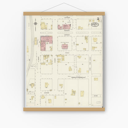 Old map wall art mockup — magnetic wood frame on white wall — Sanborn Fire Insurance Map from Dade City, Pasco County, Florida (1914), Sheet #0002