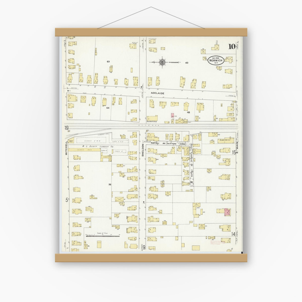Old map wall art mockup — magnetic wood frame on white wall — Sanborn Fire Insurance Map from Norwich, Chenango County, New York (1910), Sheet #0010