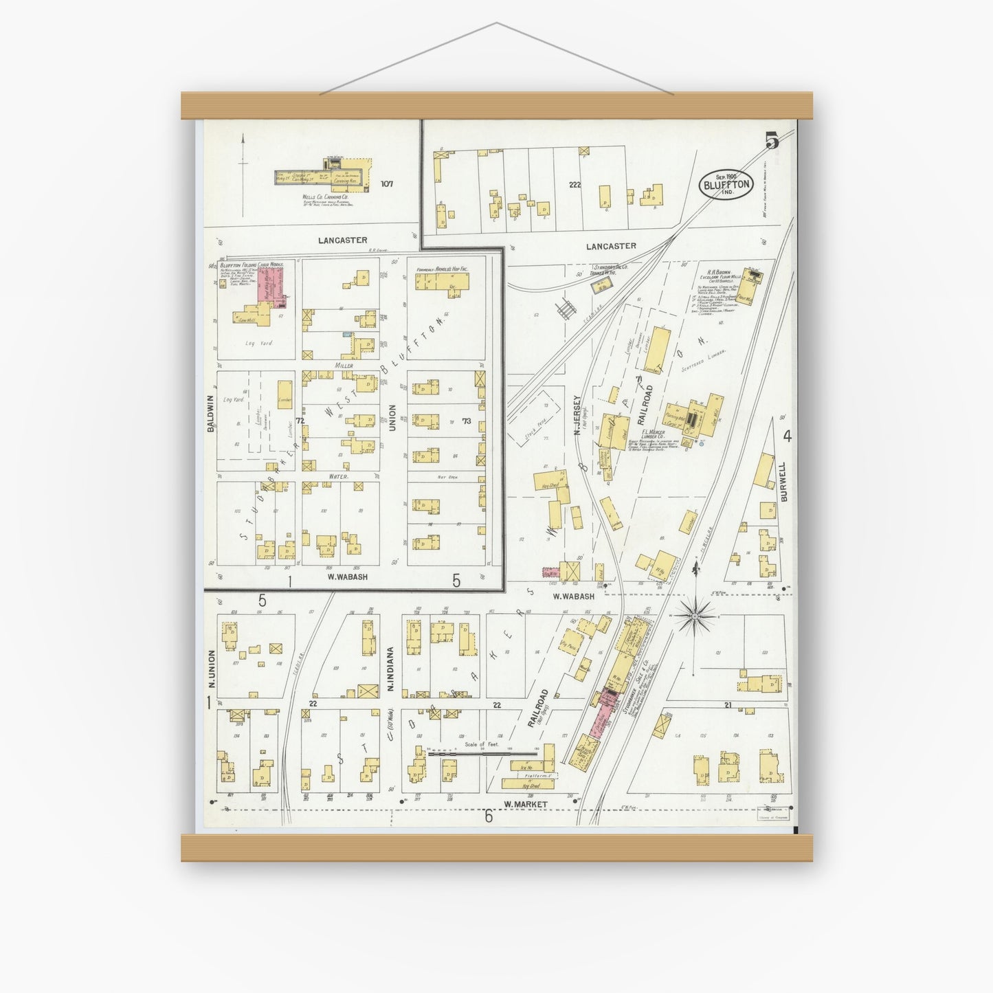 Old map wall art mockup — magnetic wood frame on white wall — Sanborn Fire Insurance Map from Bluffton, Wells County, Indiana (1900), Sheet #0005