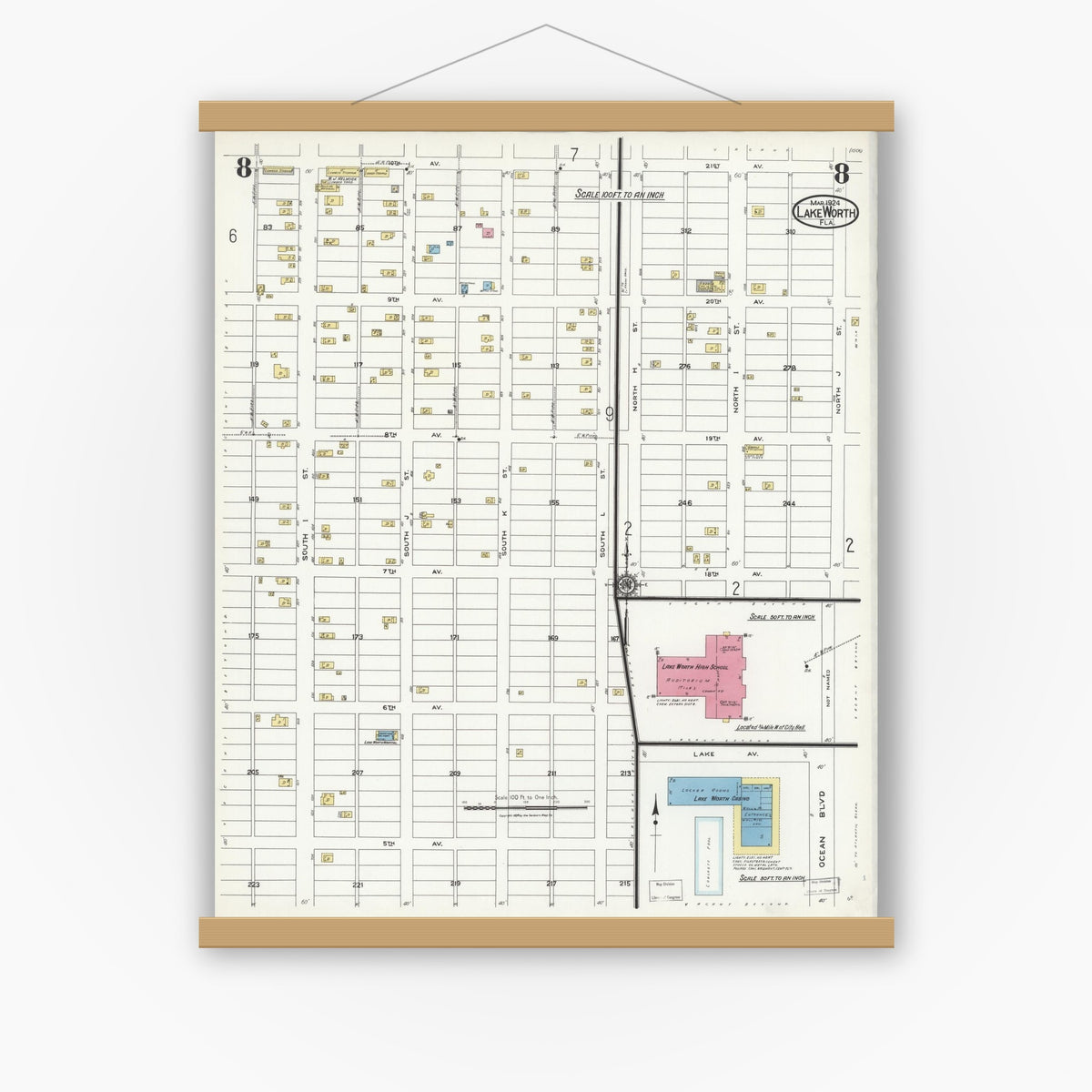 Old map wall art mockup — magnetic wood frame on white wall — Sanborn Fire Insurance Map from Lake Worth, Palm Beach County, Florida (1924), Sheet #0008