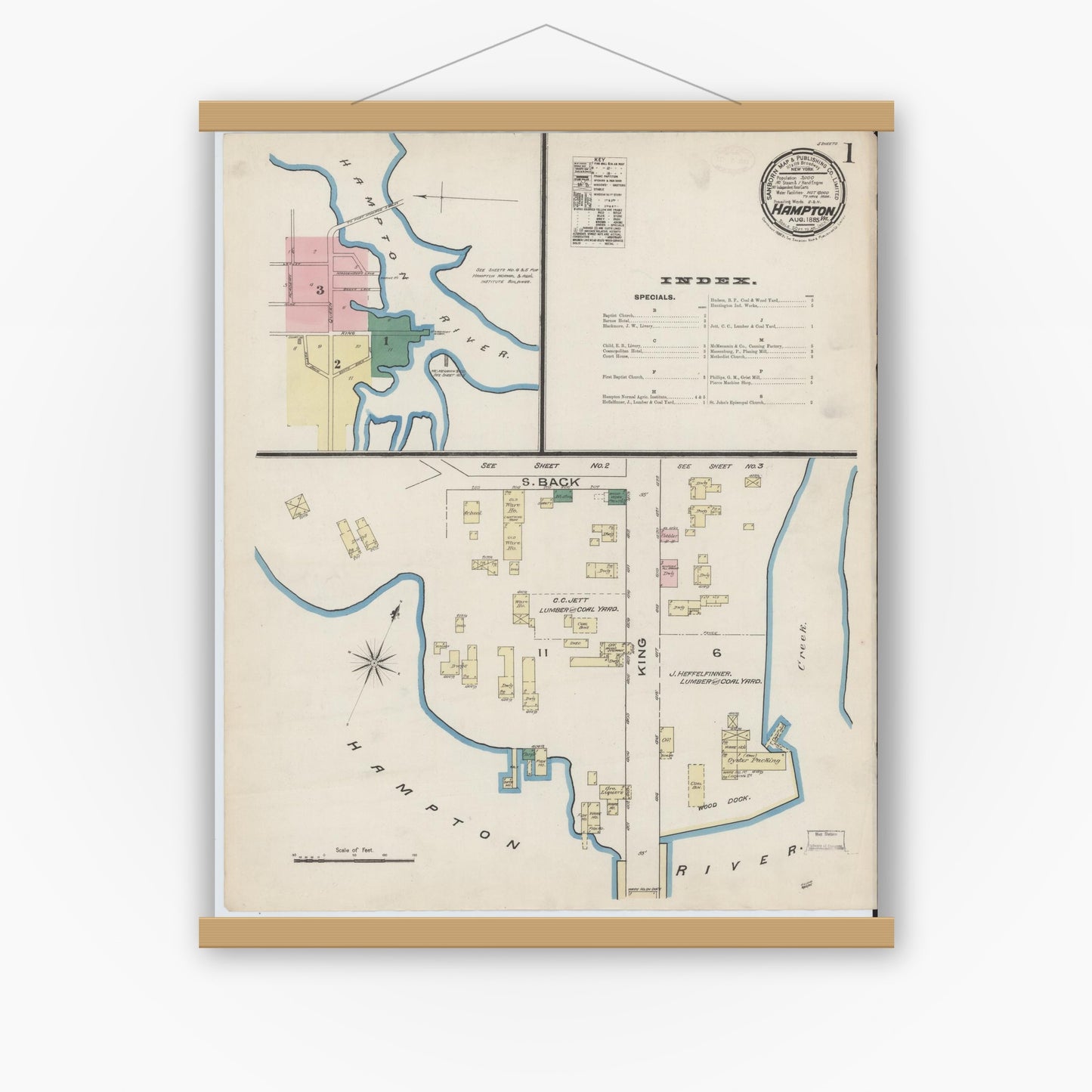 Old map wall art mockup — magnetic wood frame on white wall — Sanborn Fire Insurance Map from Hampton, Independent Cities, Virginia (1885), Sheet #0001