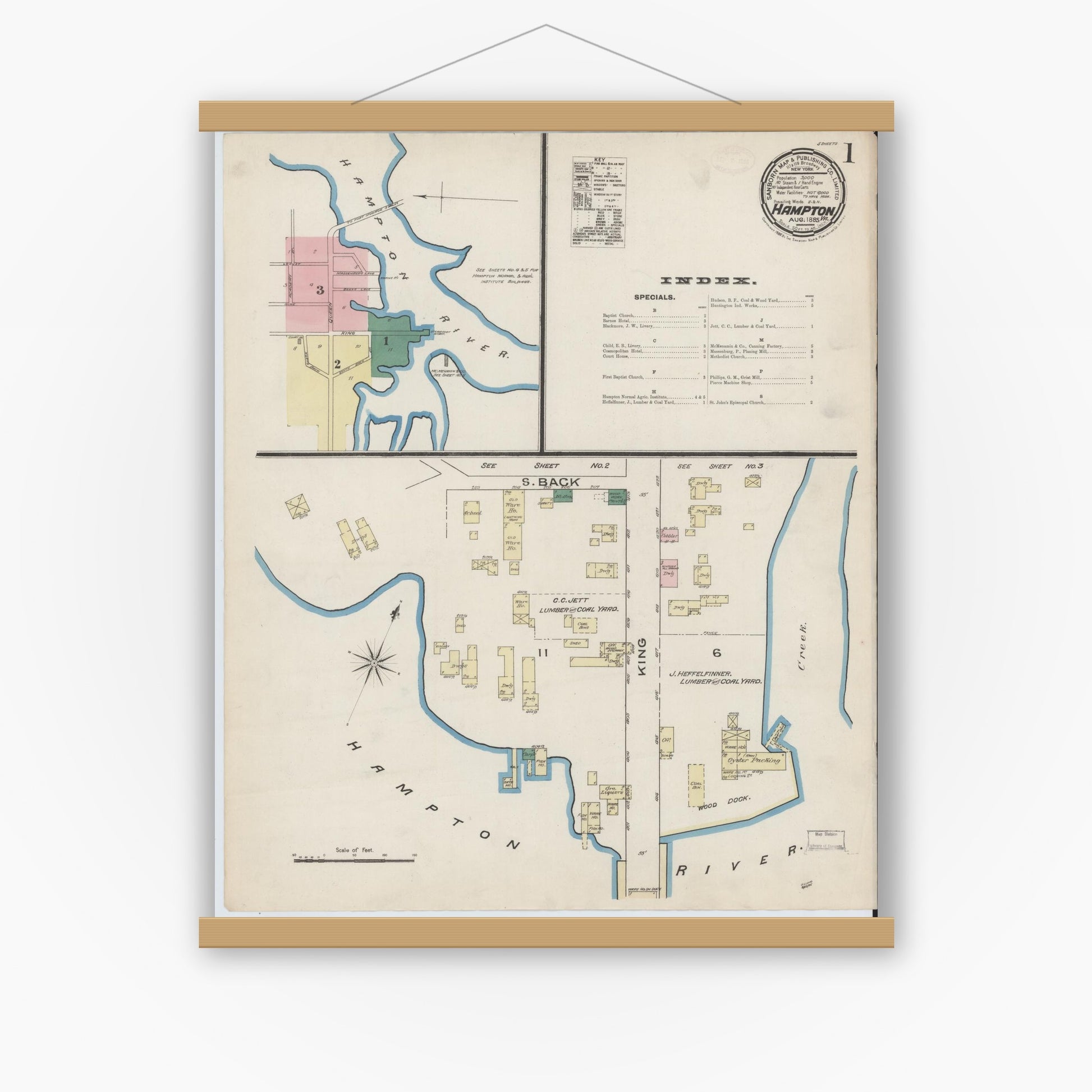 Old map wall art mockup — magnetic wood frame on white wall — Sanborn Fire Insurance Map from Hampton, Independent Cities, Virginia (1885), Sheet #0001