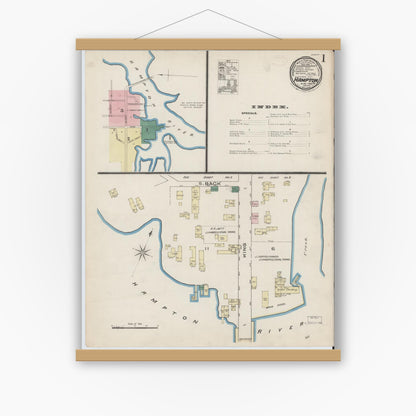 Old map wall art mockup — magnetic wood frame on white wall — Sanborn Fire Insurance Map from Hampton, Independent Cities, Virginia (1885), Sheet #0001