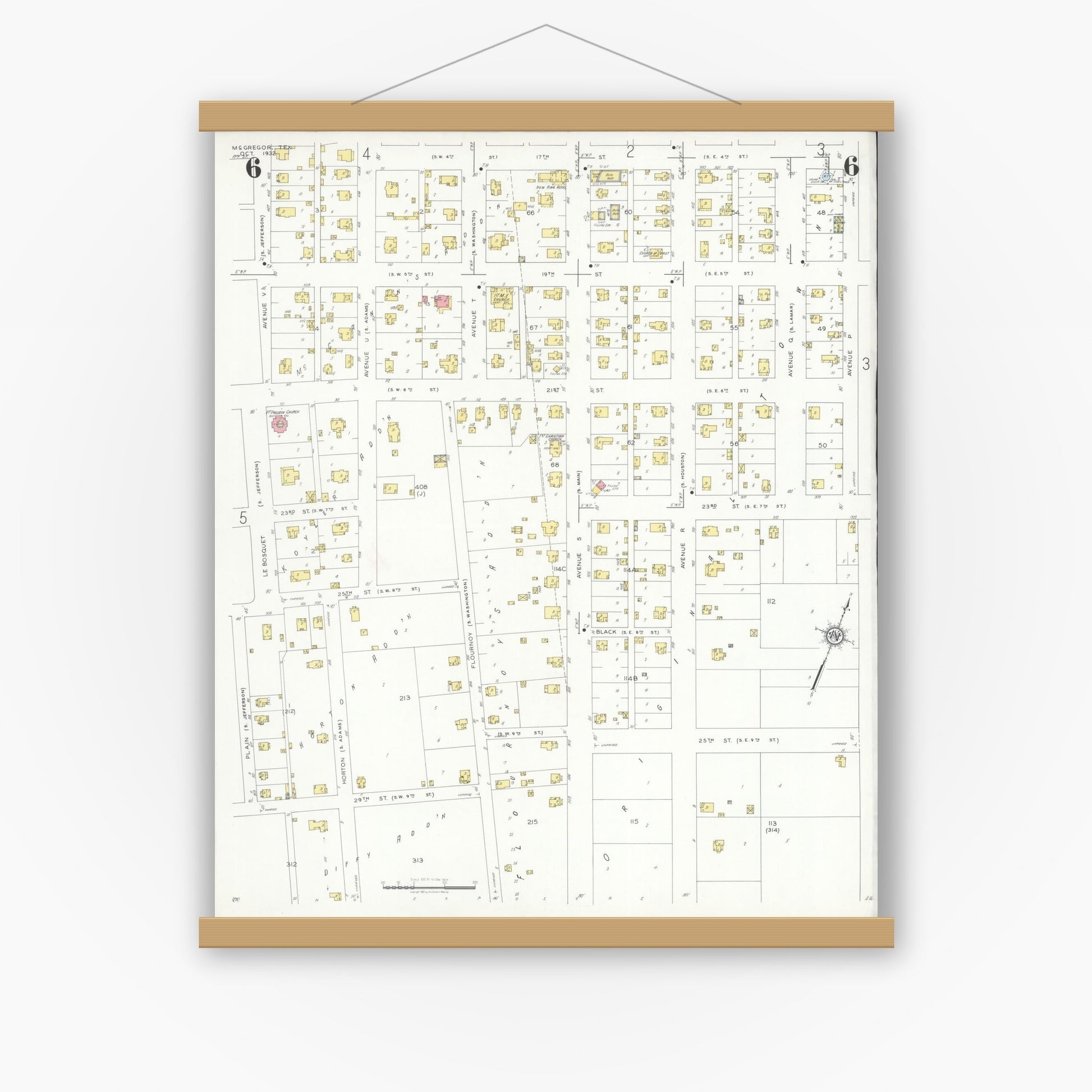 Old map wall art mockup — magnetic wood frame on white wall — Sanborn Fire Insurance Map from McGregor, McLennan County, Texas (1932), Sheet #0006