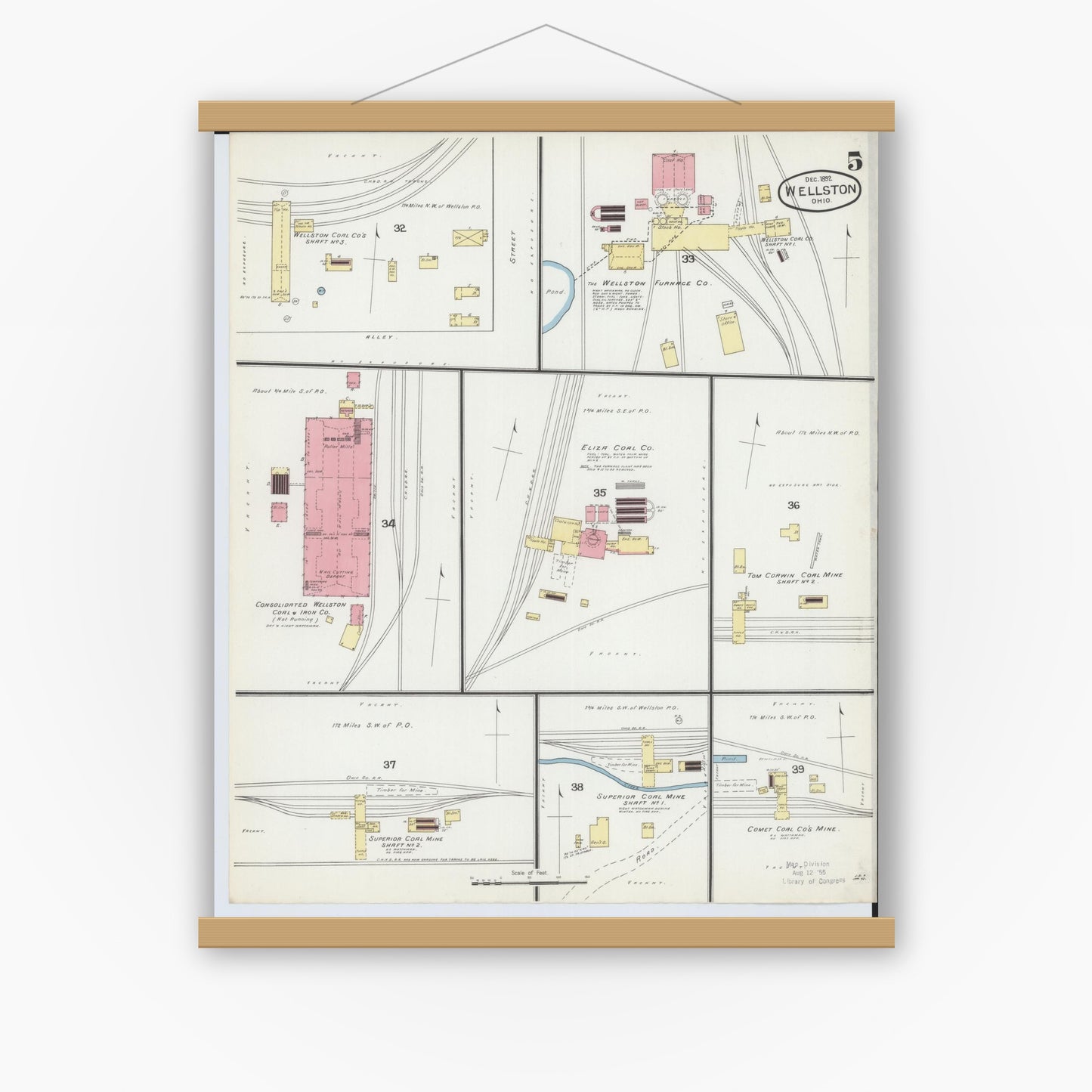 Old map wall art mockup — magnetic wood frame on white wall — Sanborn Fire Insurance Map from Wellston, Jackson County, Ohio (1892), Sheet #0005