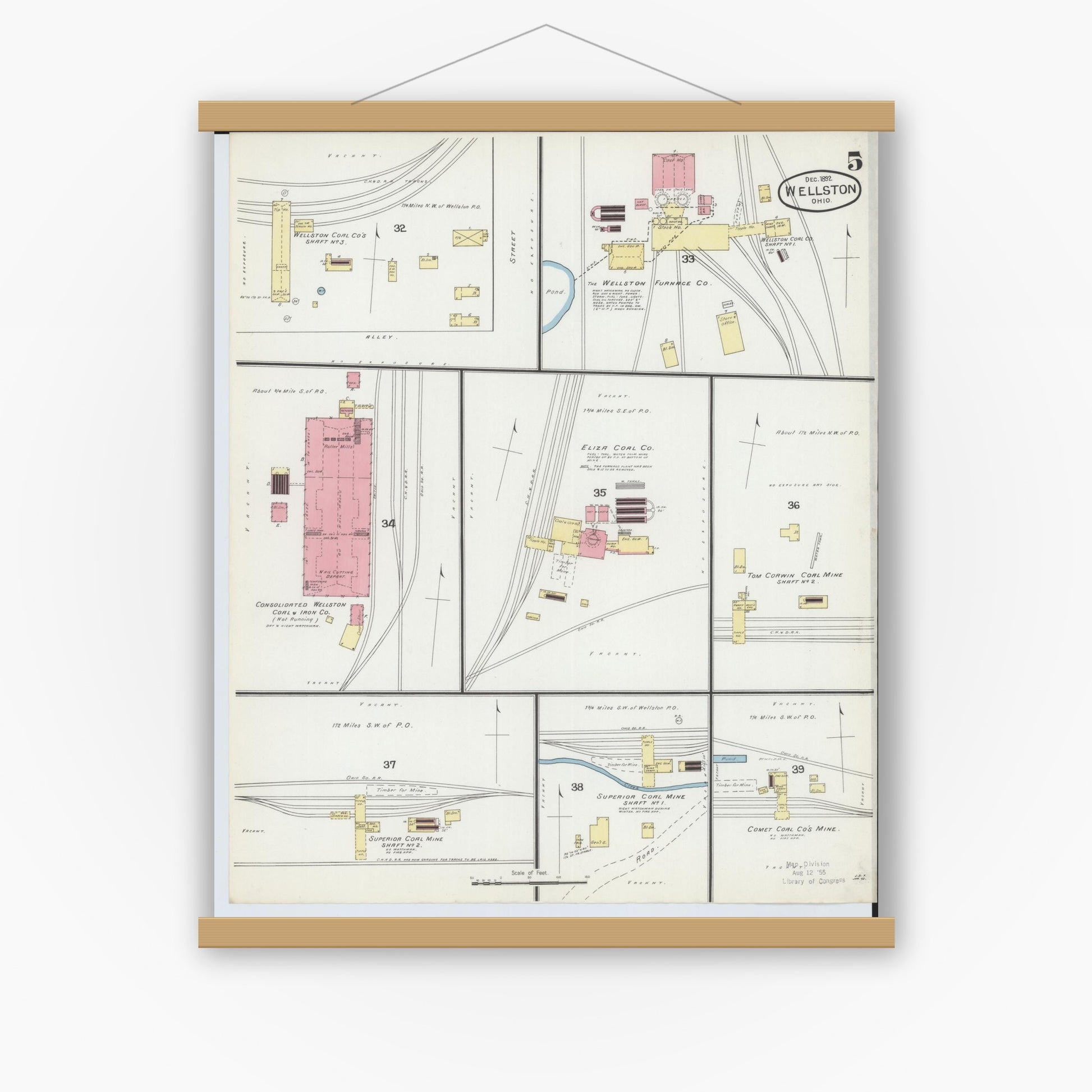 Old map wall art mockup — magnetic wood frame on white wall — Sanborn Fire Insurance Map from Wellston, Jackson County, Ohio (1892), Sheet #0005