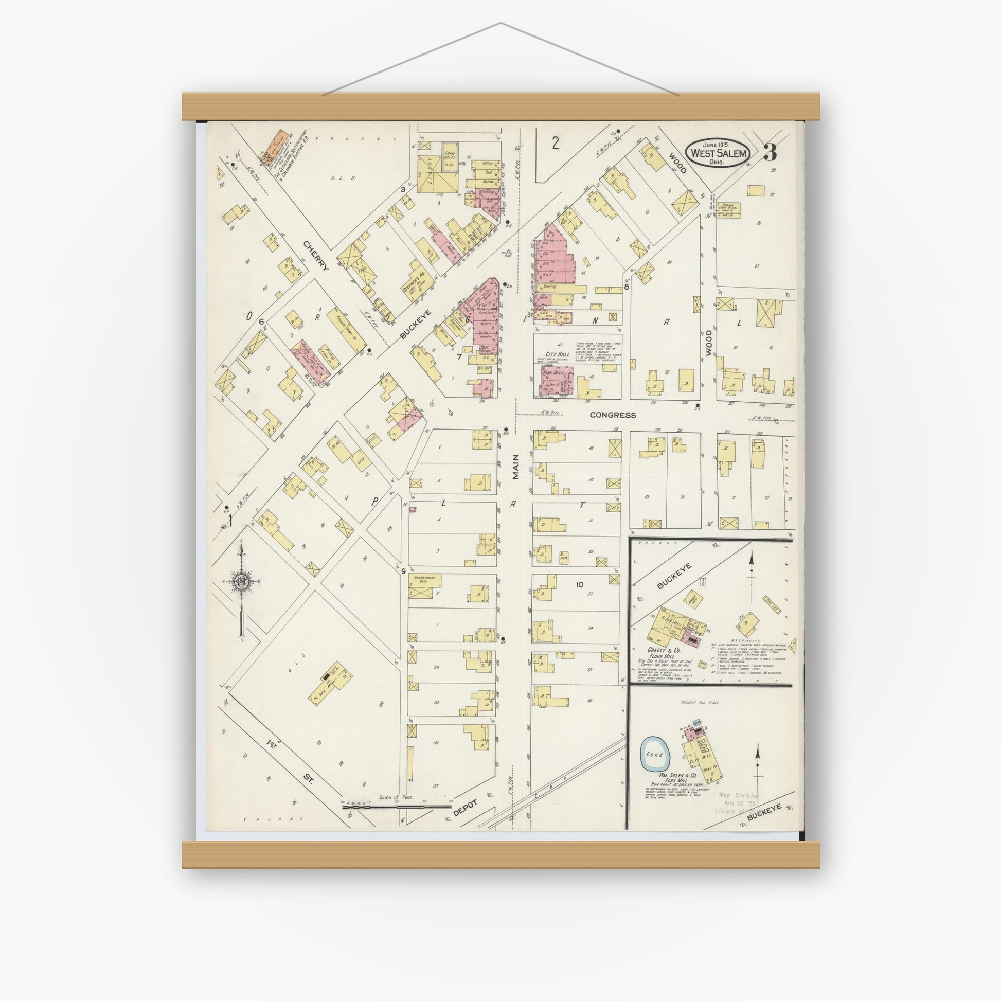 Old map wall art mockup — magnetic wood frame on white wall — Sanborn Fire Insurance Map from West Salem, Wayne County, Ohio (1915), Sheet #0003