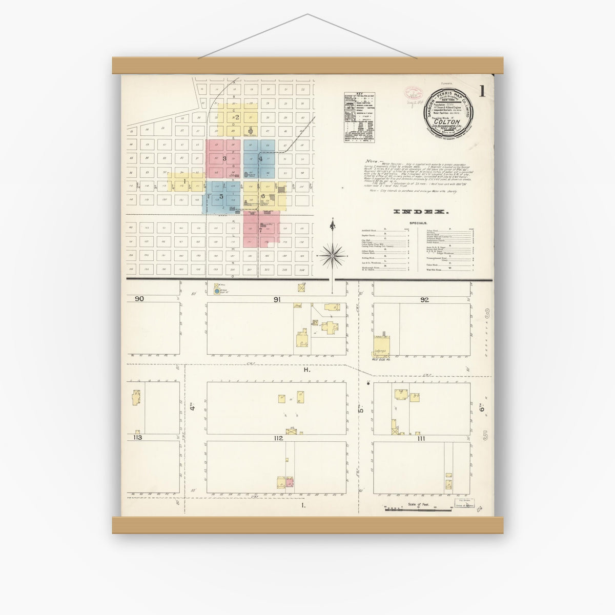 Old map wall art mockup — magnetic wood frame on white wall — Sanborn Fire Insurance Map from Colton, San Bernardino County, California (1894) - Complete Map Set